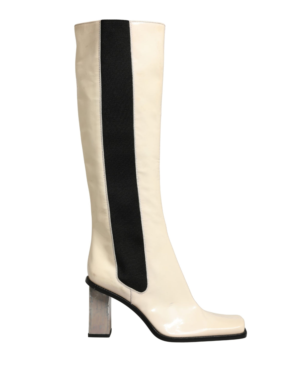 Dolce & Gabbana White Black Leather Knee High Boots Women's Shoes (Pre-Owned)