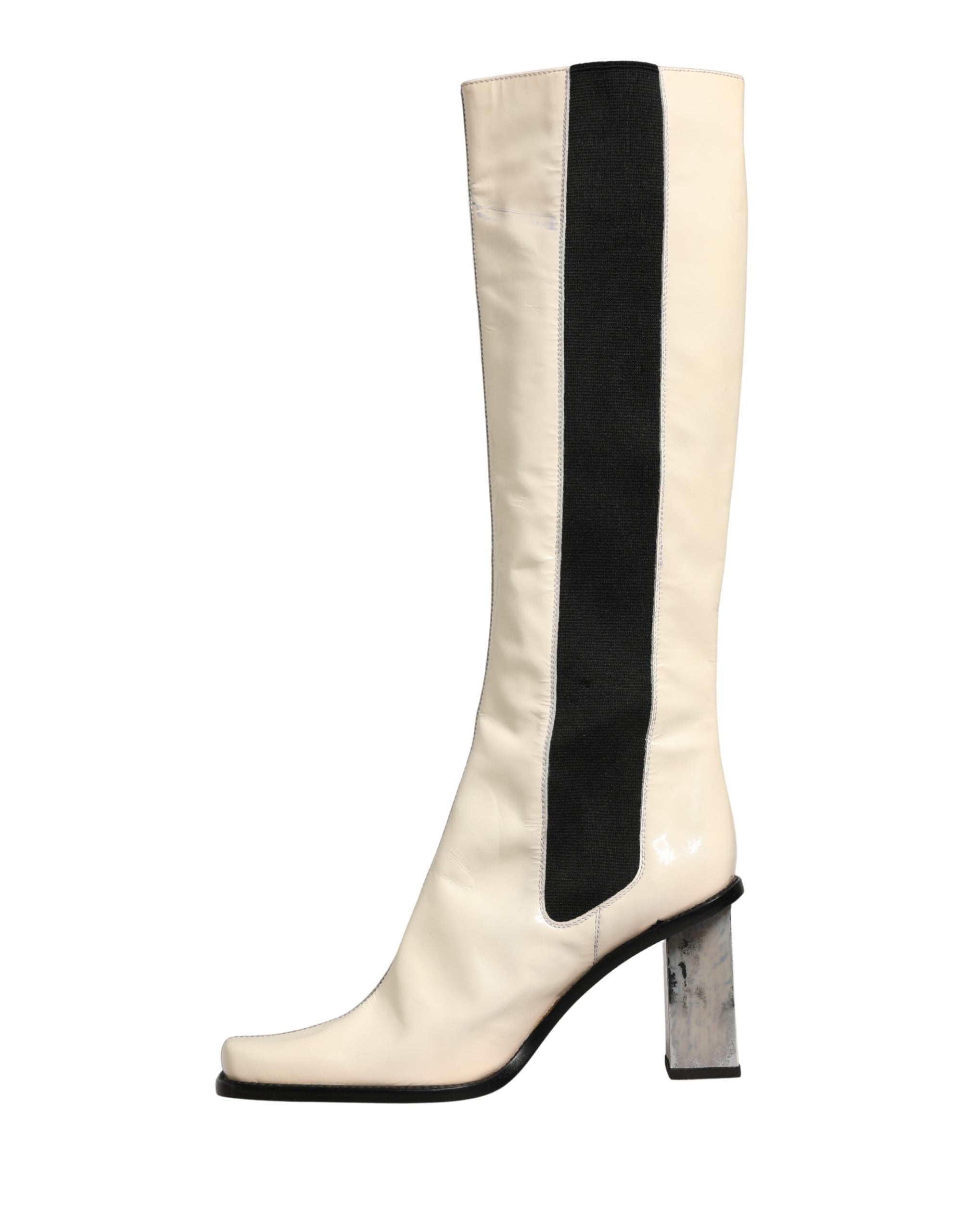 Dolce & Gabbana White Black Leather Knee High Boots Women's Shoes (Pre-Owned)