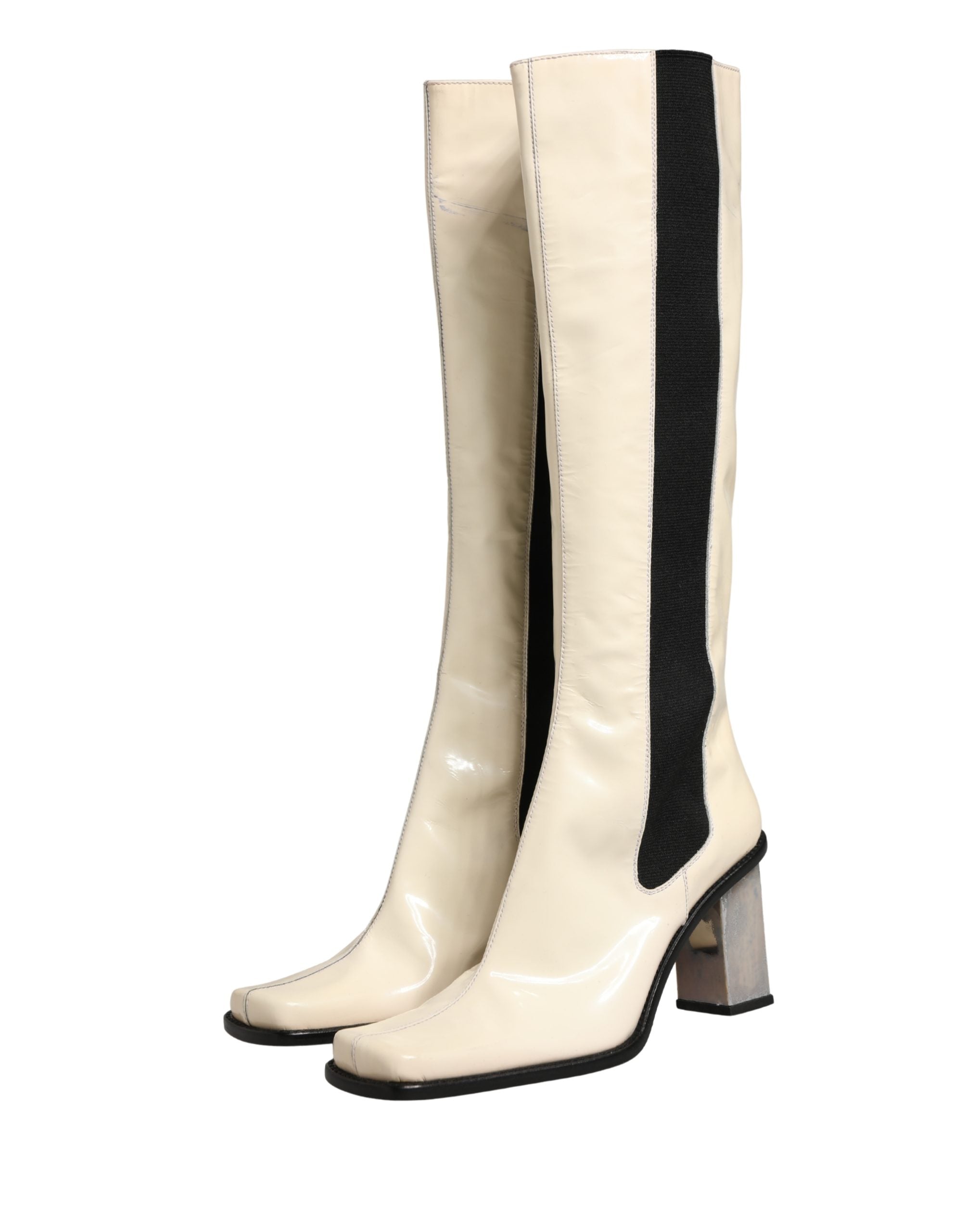 Dolce & Gabbana White Black Leather Knee High Boots Women's Shoes (Pre-Owned)