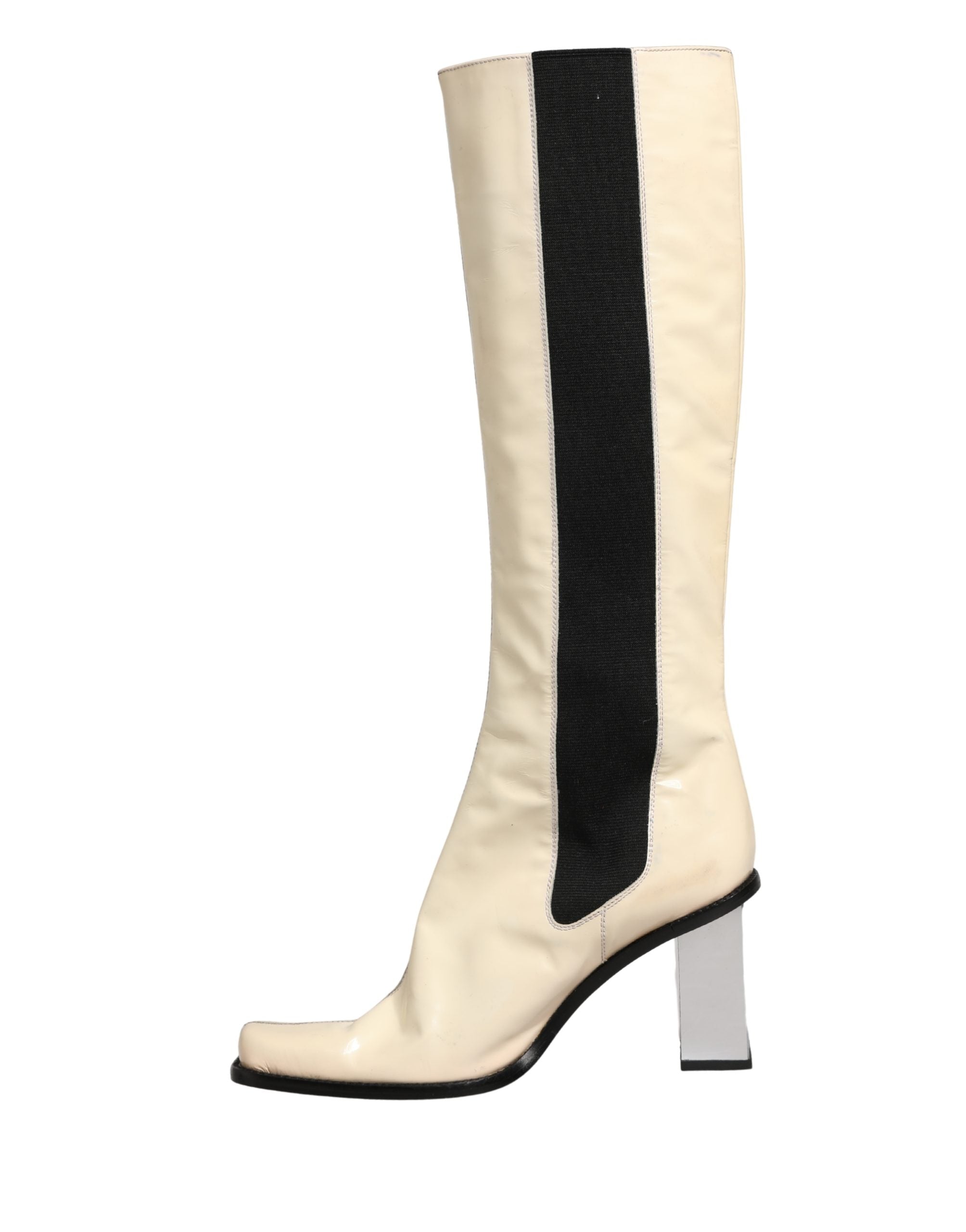 Dolce & Gabbana White Black Leather Knee High Boots Women's Shoes (Pre-Owned)