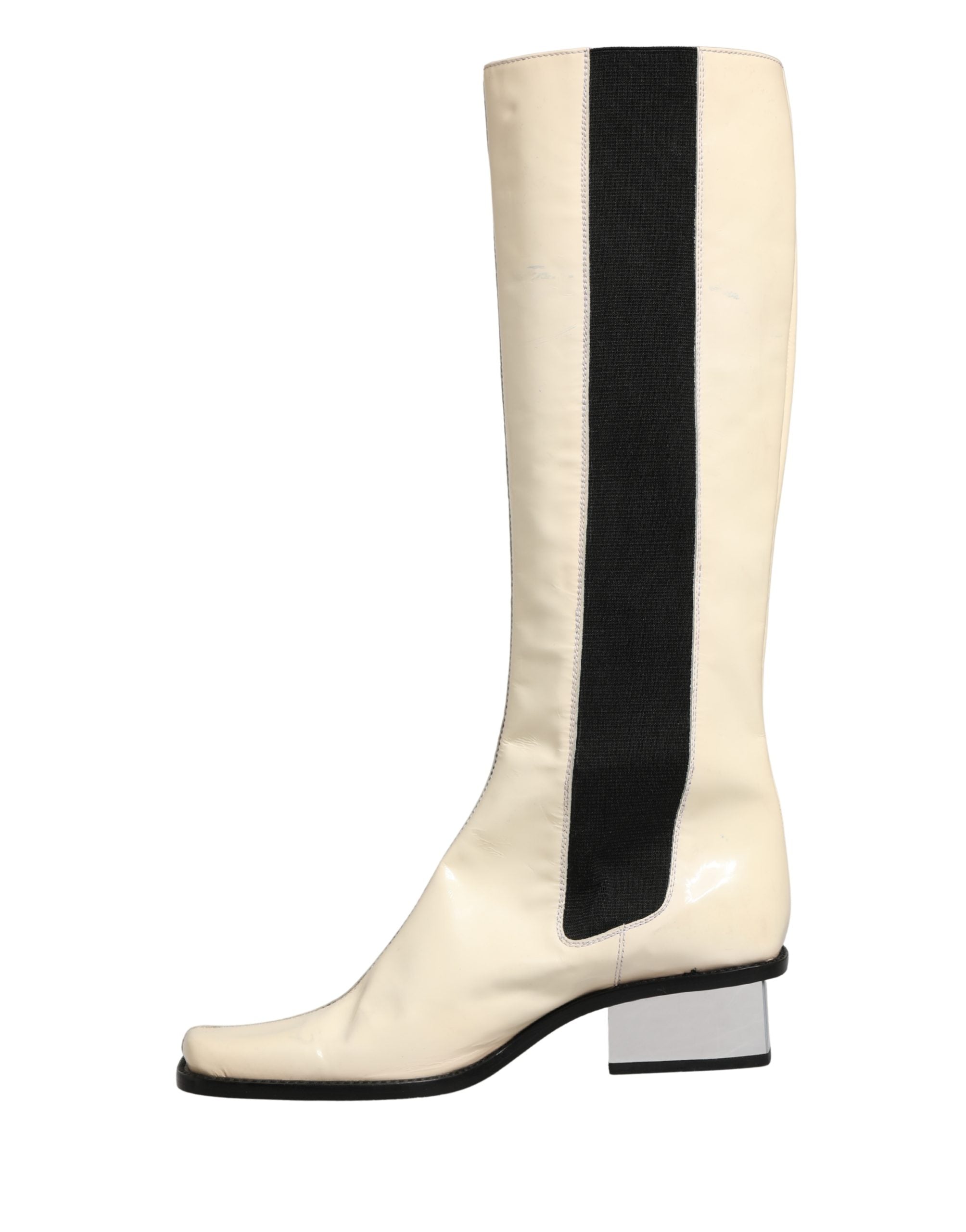 Dolce & Gabbana White Black Leather Knee High Boots Women's Shoes (Pre-Owned)