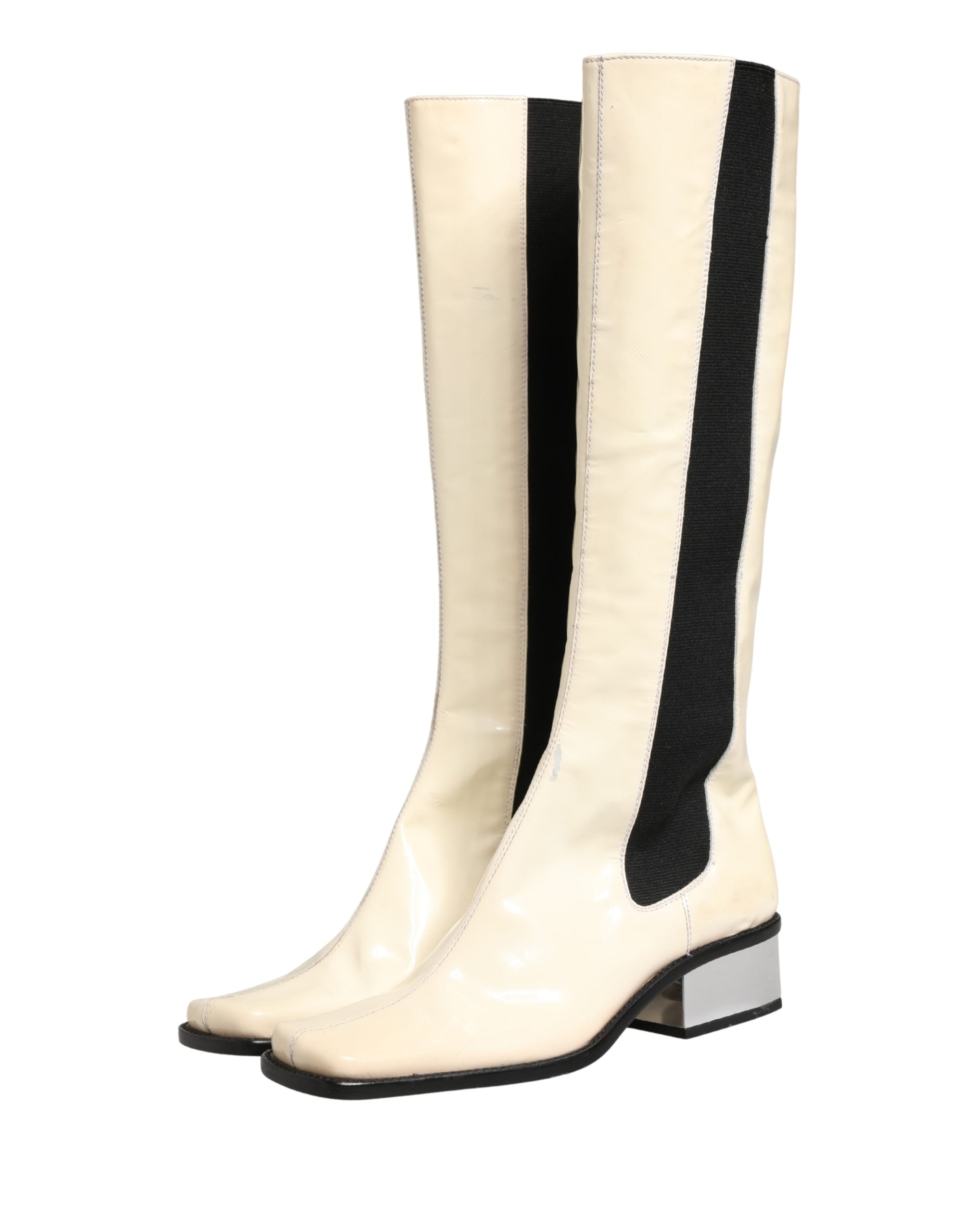 Dolce & Gabbana White Black Leather Knee High Boots Women's Shoes (Pre-Owned)