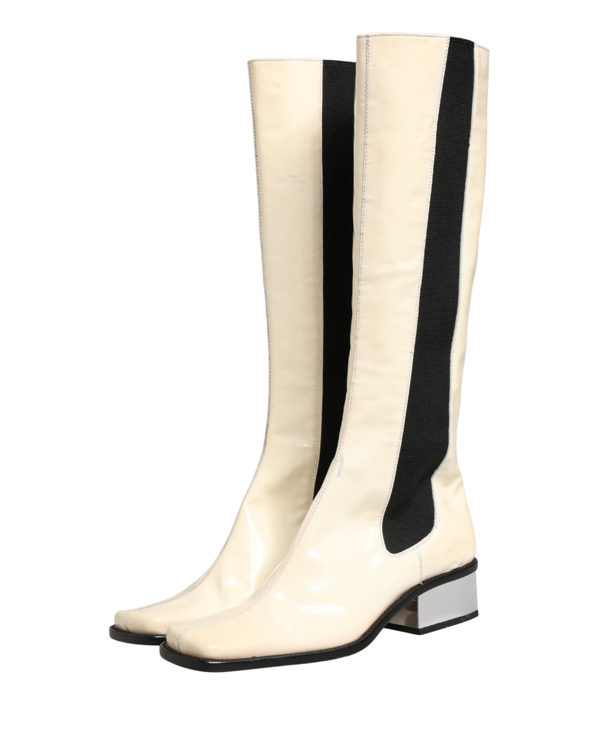 Dolce & Gabbana White Black Leather Knee High Boots Women's Shoes (Pre-Owned)