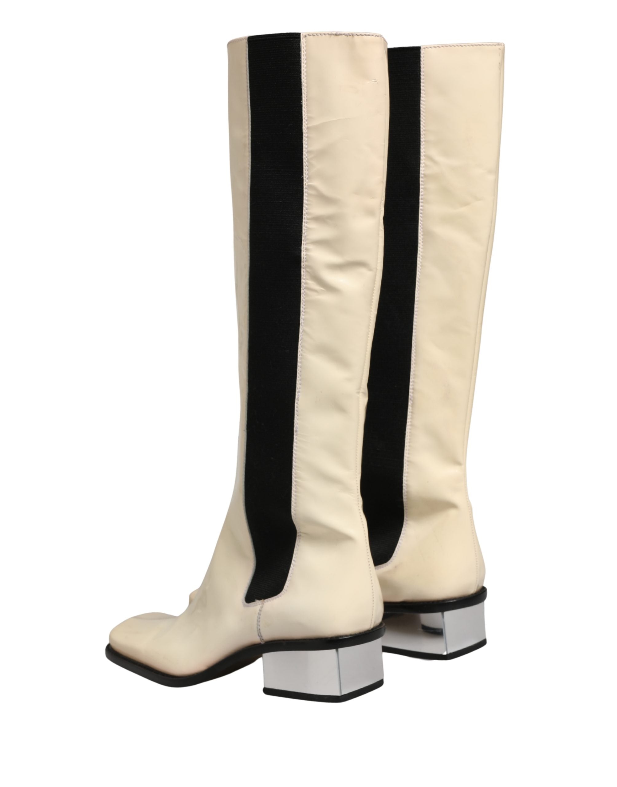Dolce & Gabbana White Black Leather Knee High Boots Women's Shoes (Pre-Owned)