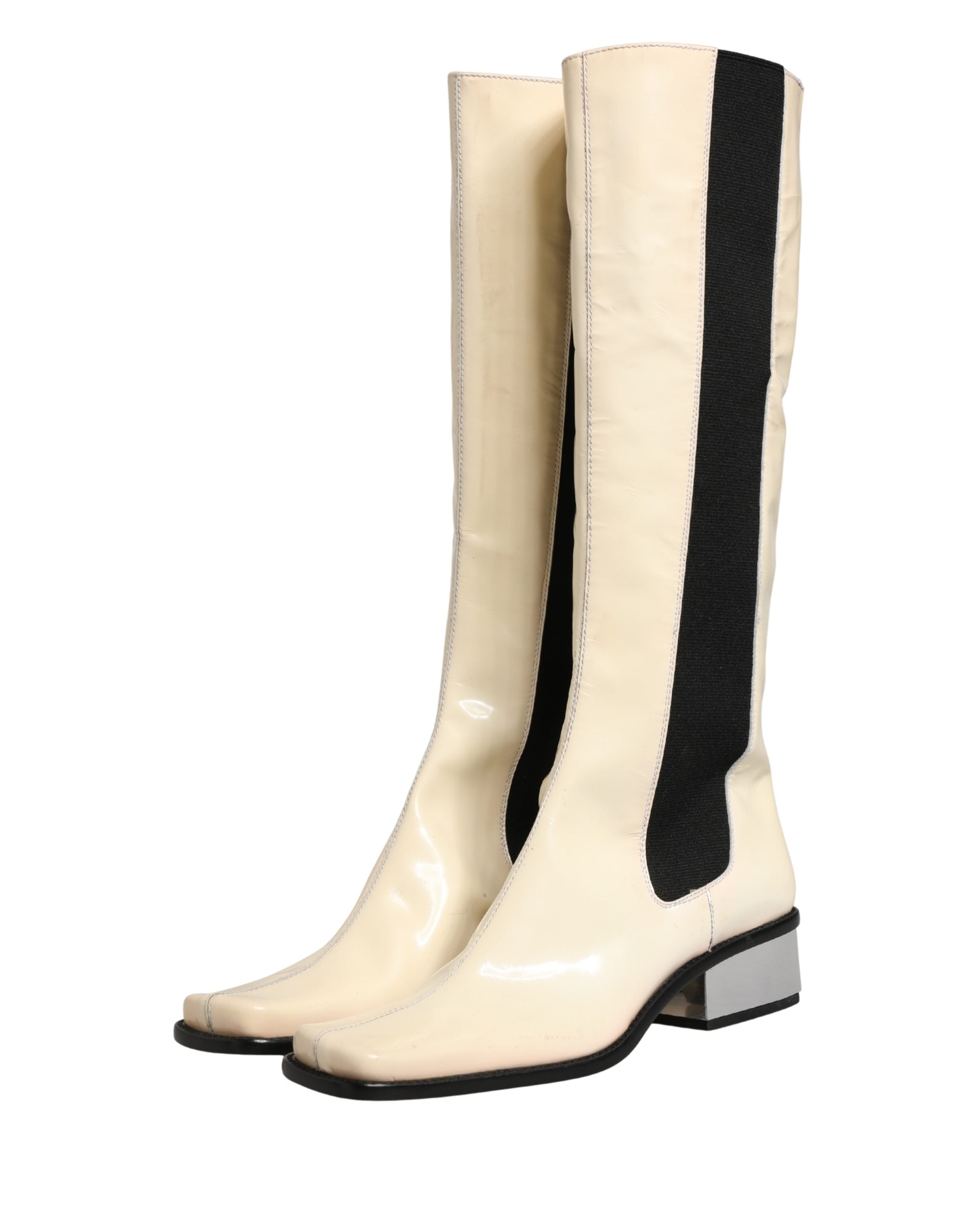 Dolce & Gabbana White Black Leather Knee High Boots Women's Shoes (Pre-Owned)