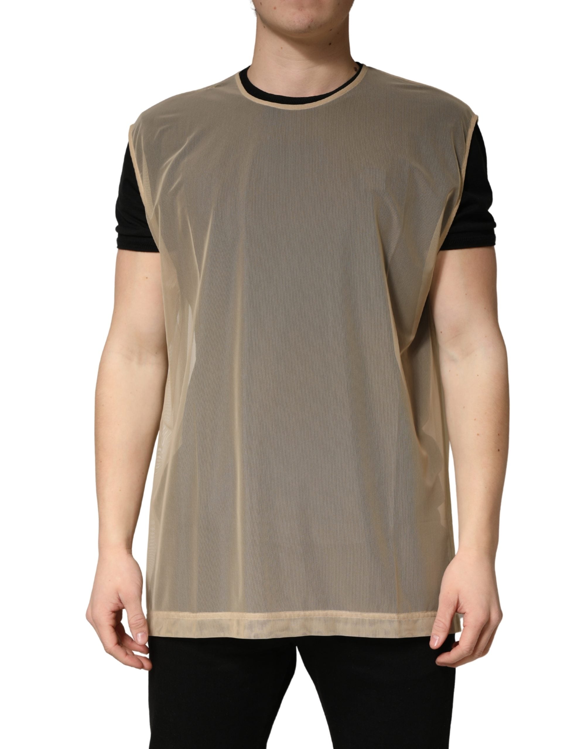 Dolce & Gabbana Beige Crew Neck Sleeveless Mesh Top Men's T-shirt (Pre-Owned)