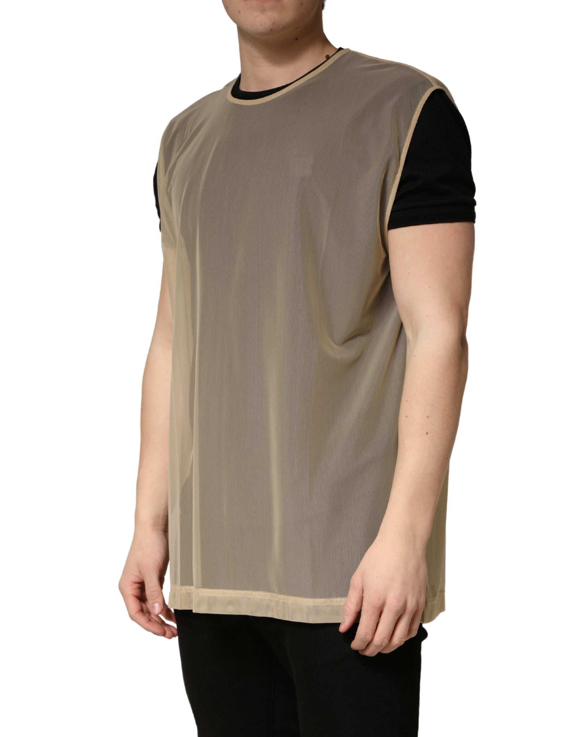 Dolce & Gabbana Beige Crew Neck Sleeveless Mesh Top Men's T-shirt (Pre-Owned)