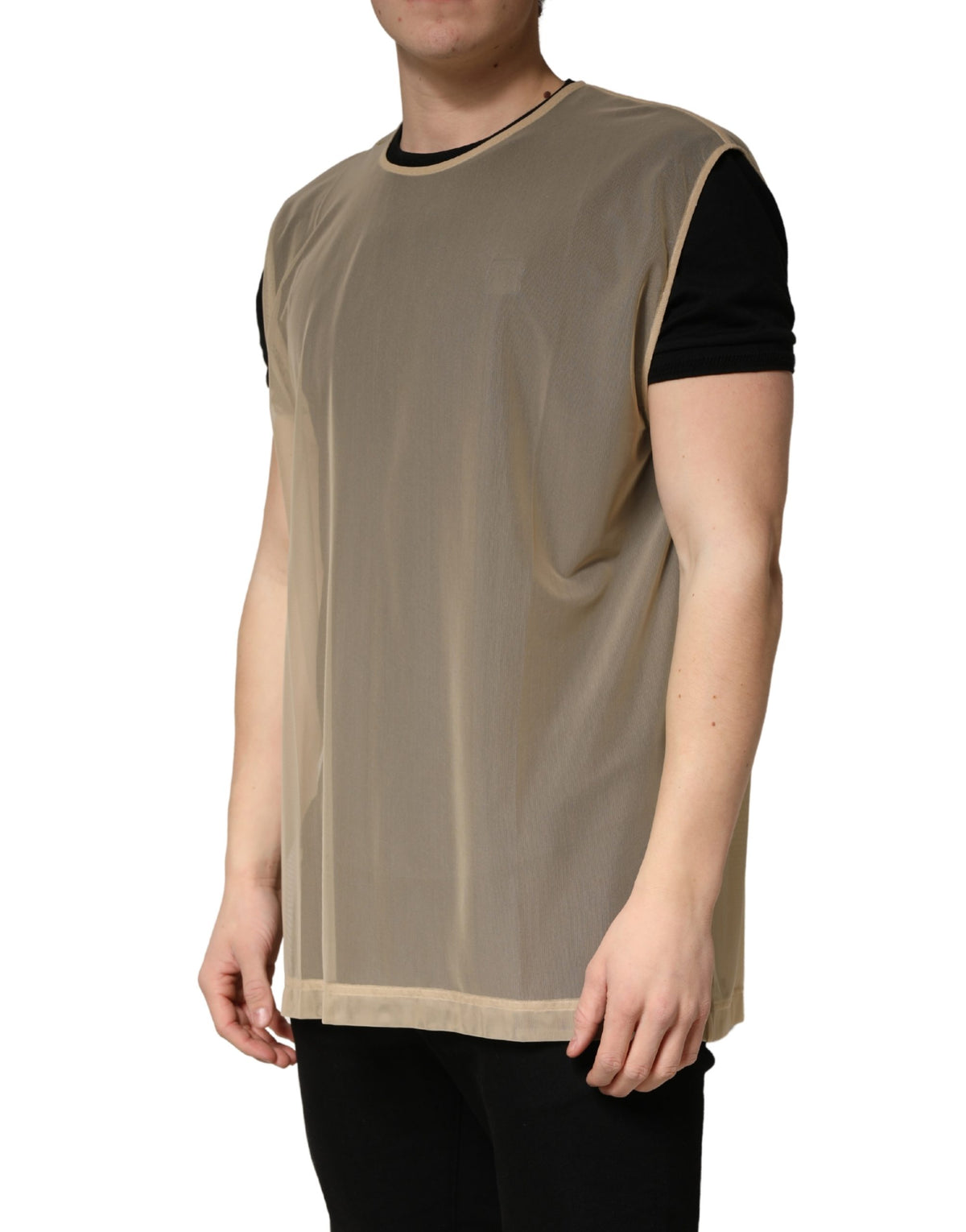Dolce & Gabbana Beige Crew Neck Sleeveless Mesh Top Men's T-shirt (Pre-Owned)