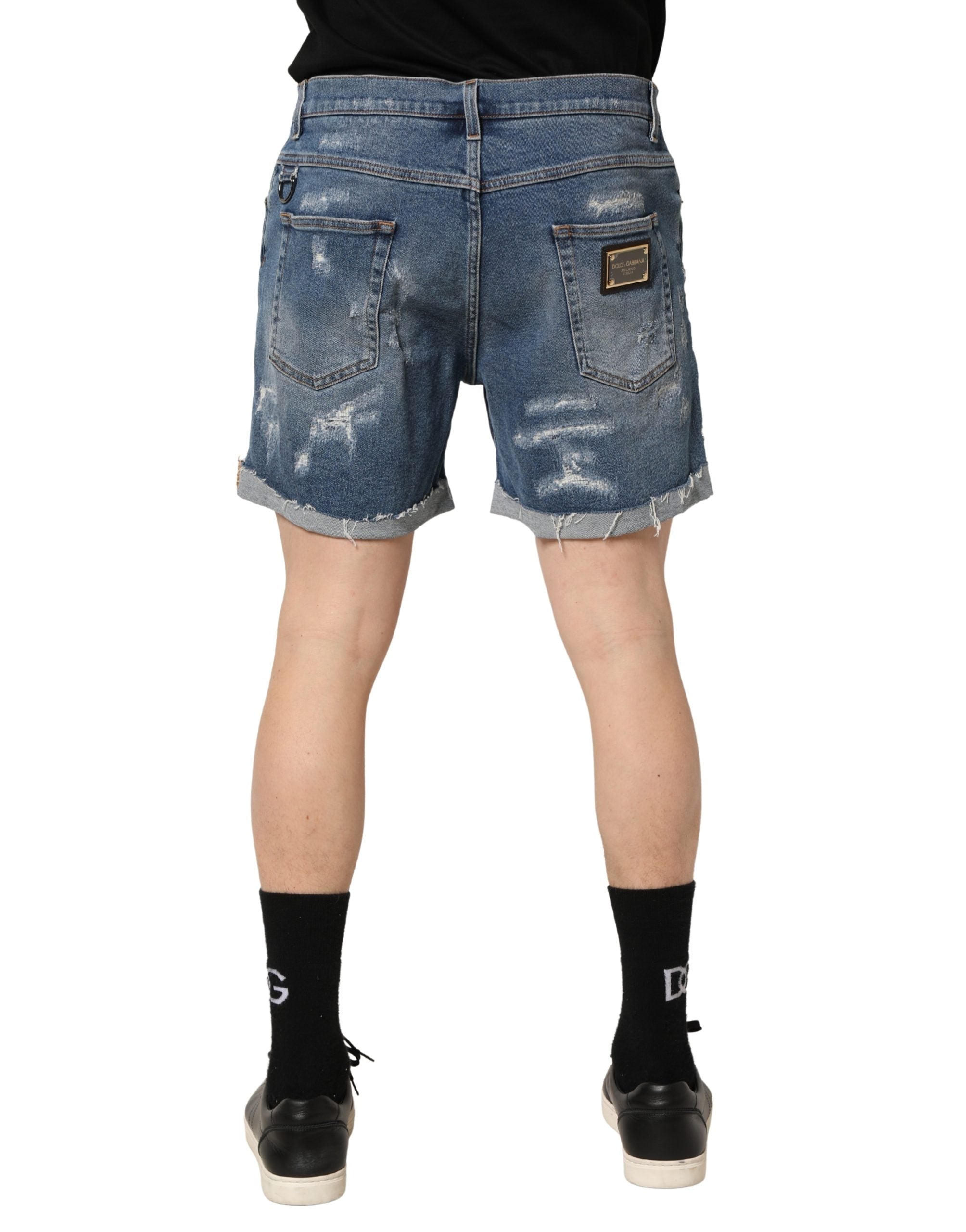 Dolce & Gabbana Blue Cotton Distressed Denim Bermuda Men's Shorts
