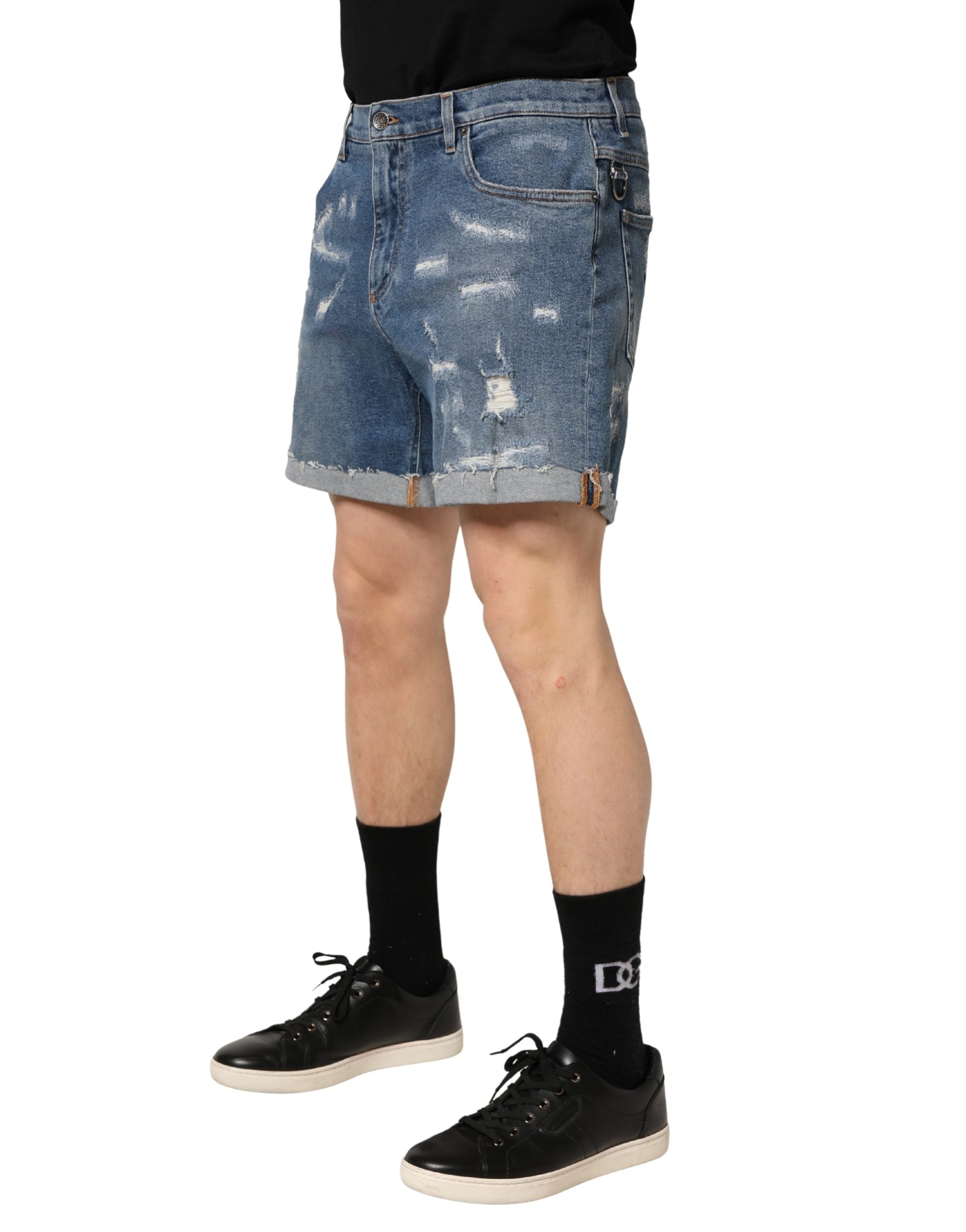 Dolce & Gabbana Blue Cotton Distressed Denim Bermuda Men's Shorts