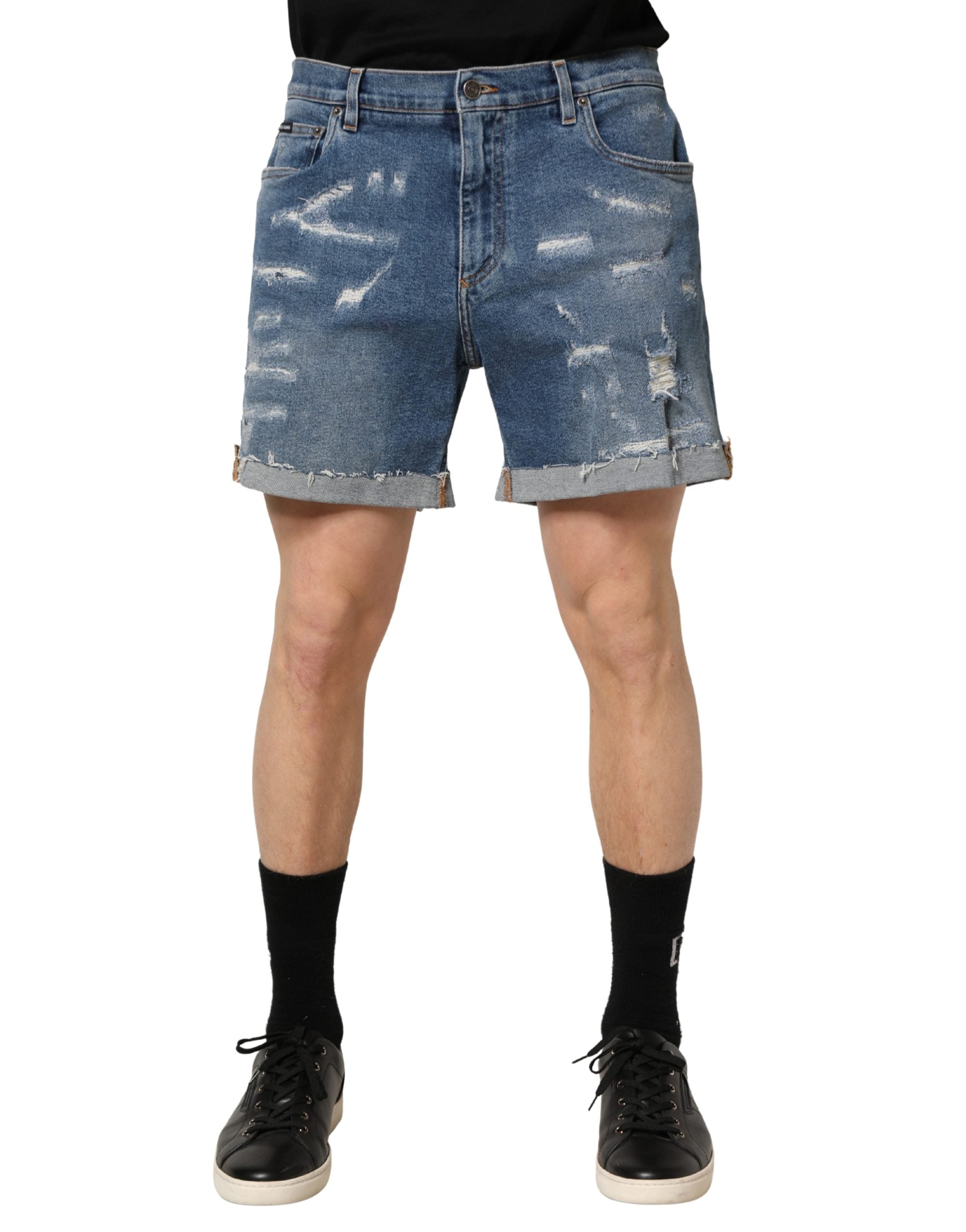 Dolce & Gabbana Blue Cotton Distressed Denim Bermuda Men's Shorts