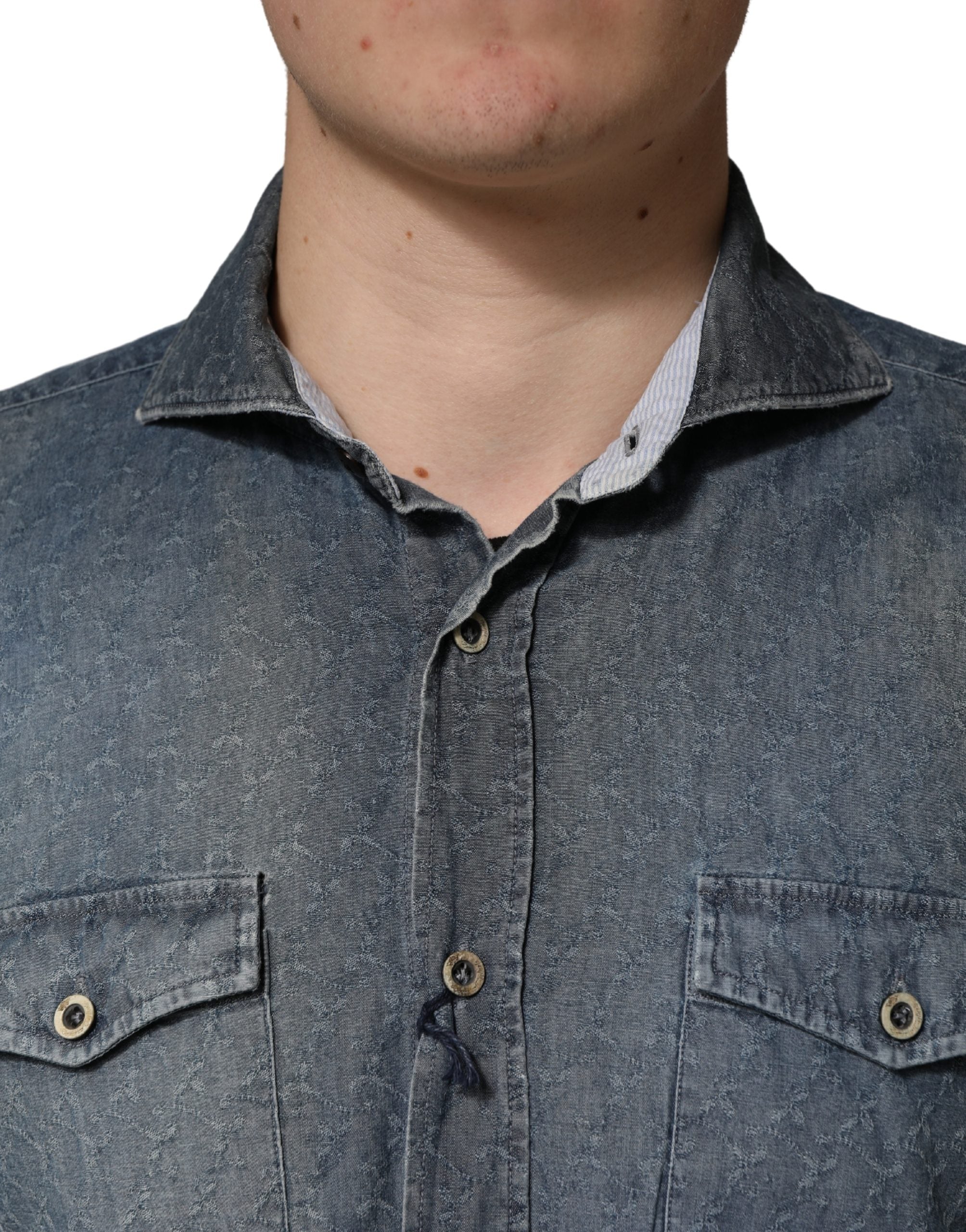 Domenico Tagliente DarkBlue Long Sleeve Collared Denim Men's Shirt (Pre-Owned)