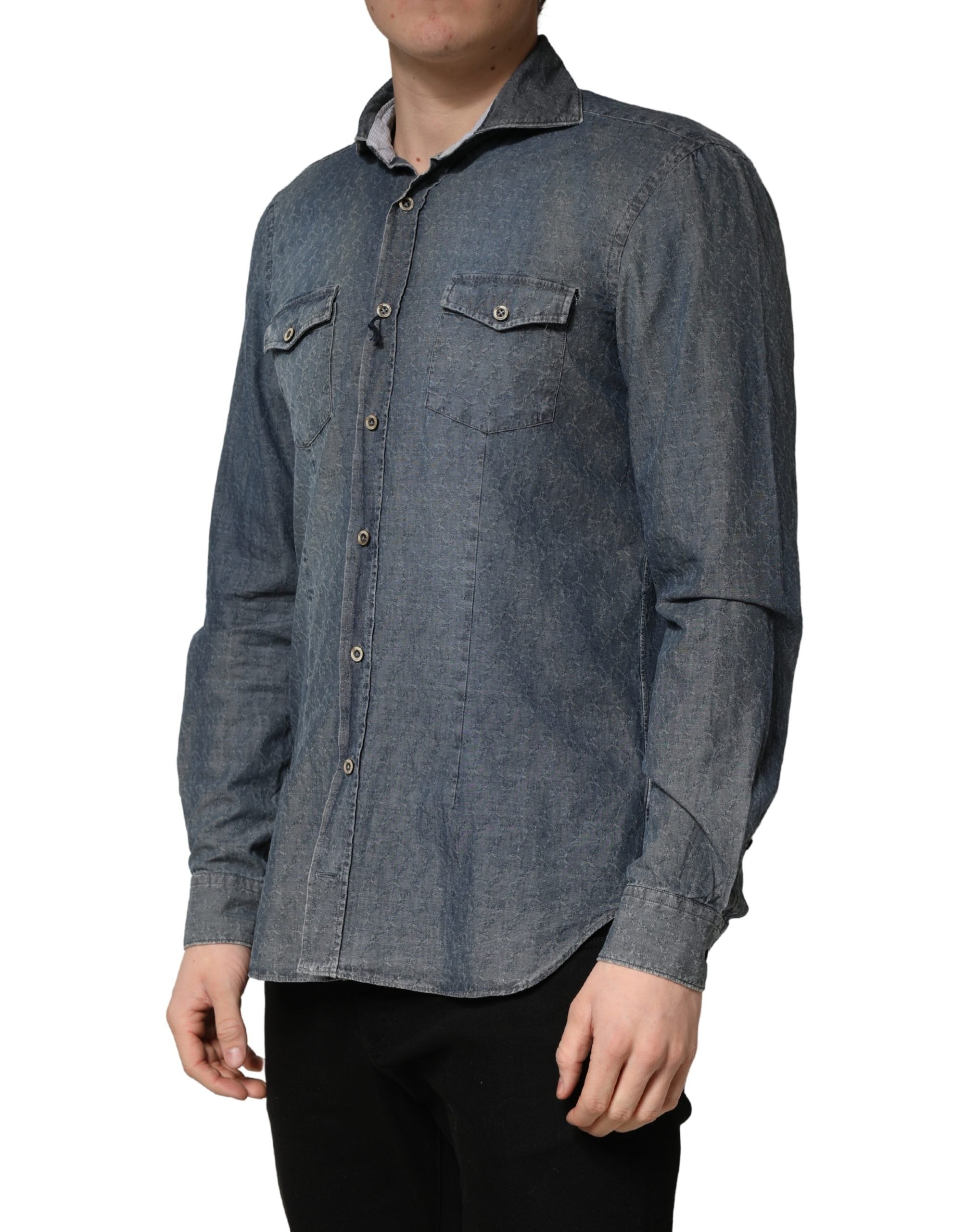 Domenico Tagliente DarkBlue Long Sleeve Collared Denim Men's Shirt (Pre-Owned)
