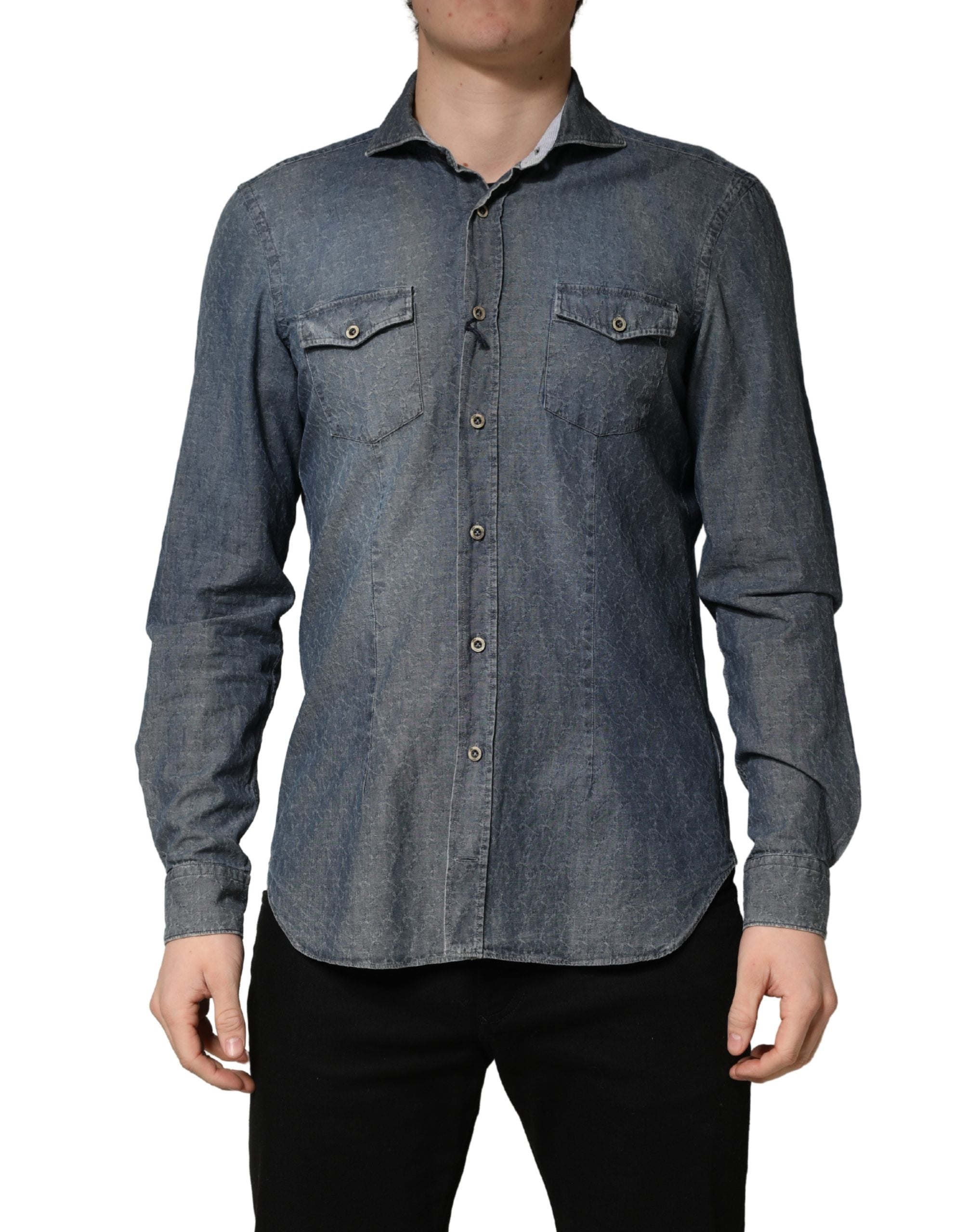 Domenico Tagliente DarkBlue Long Sleeve Collared Denim Men's Shirt (Pre-Owned)