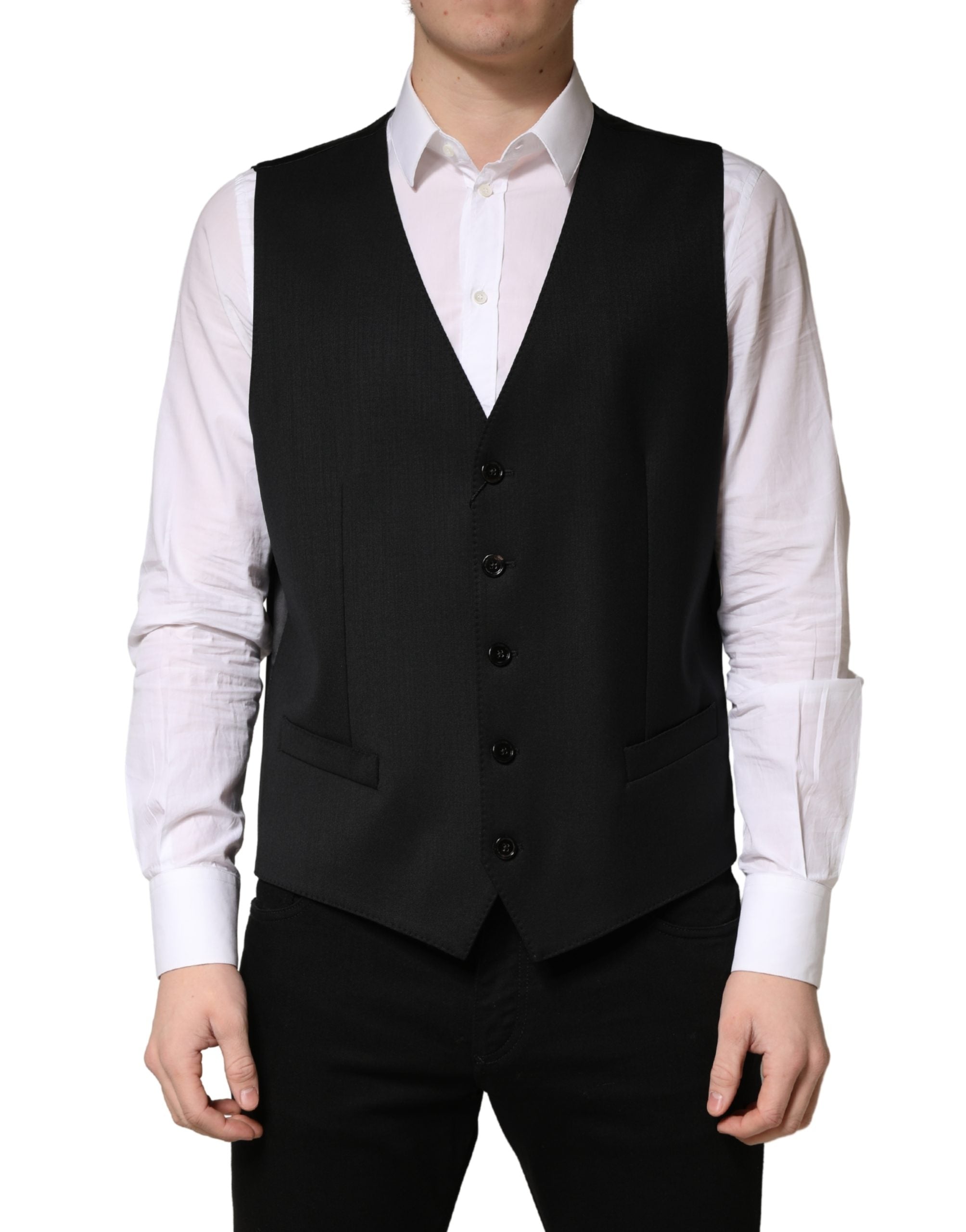 Dolce & Gabbana Black Wool Single Breasted Men Waistcoat Men's Vest