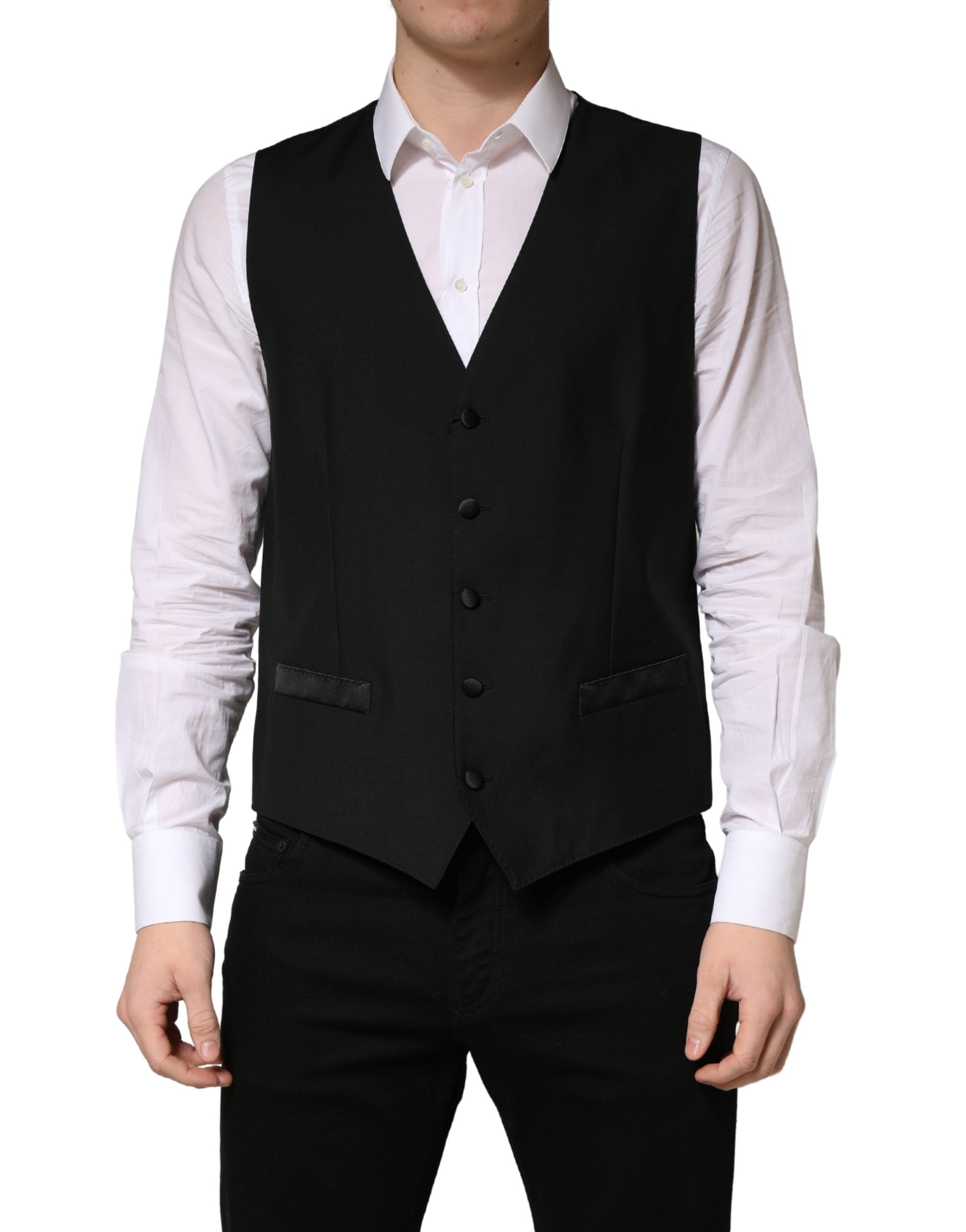 Dolce & Gabbana Black Wool Single Breasted Men Waistcoat Men's Vest