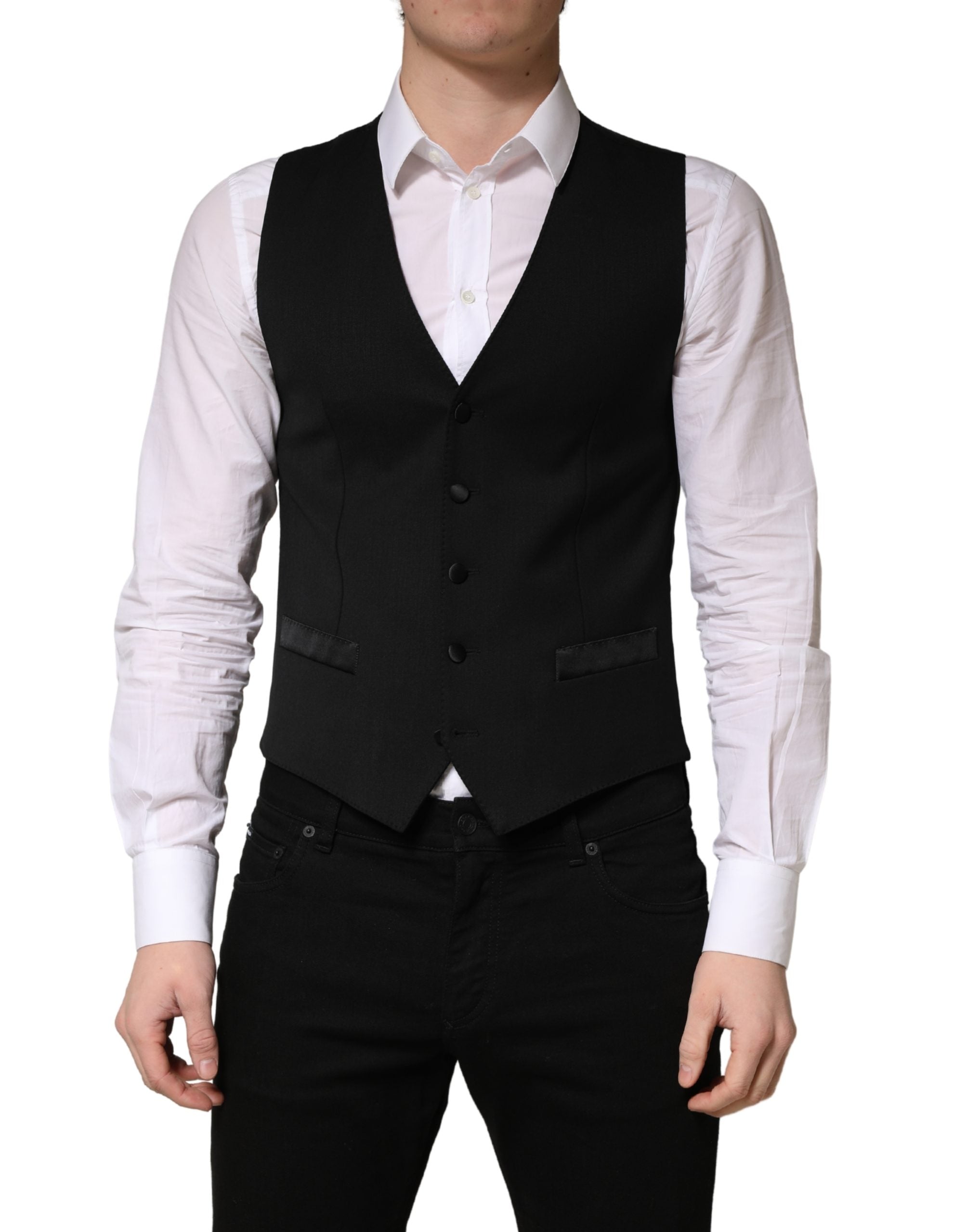 Dolce & Gabbana Black Wool Single Breasted Men Waistcoat Men's Vest