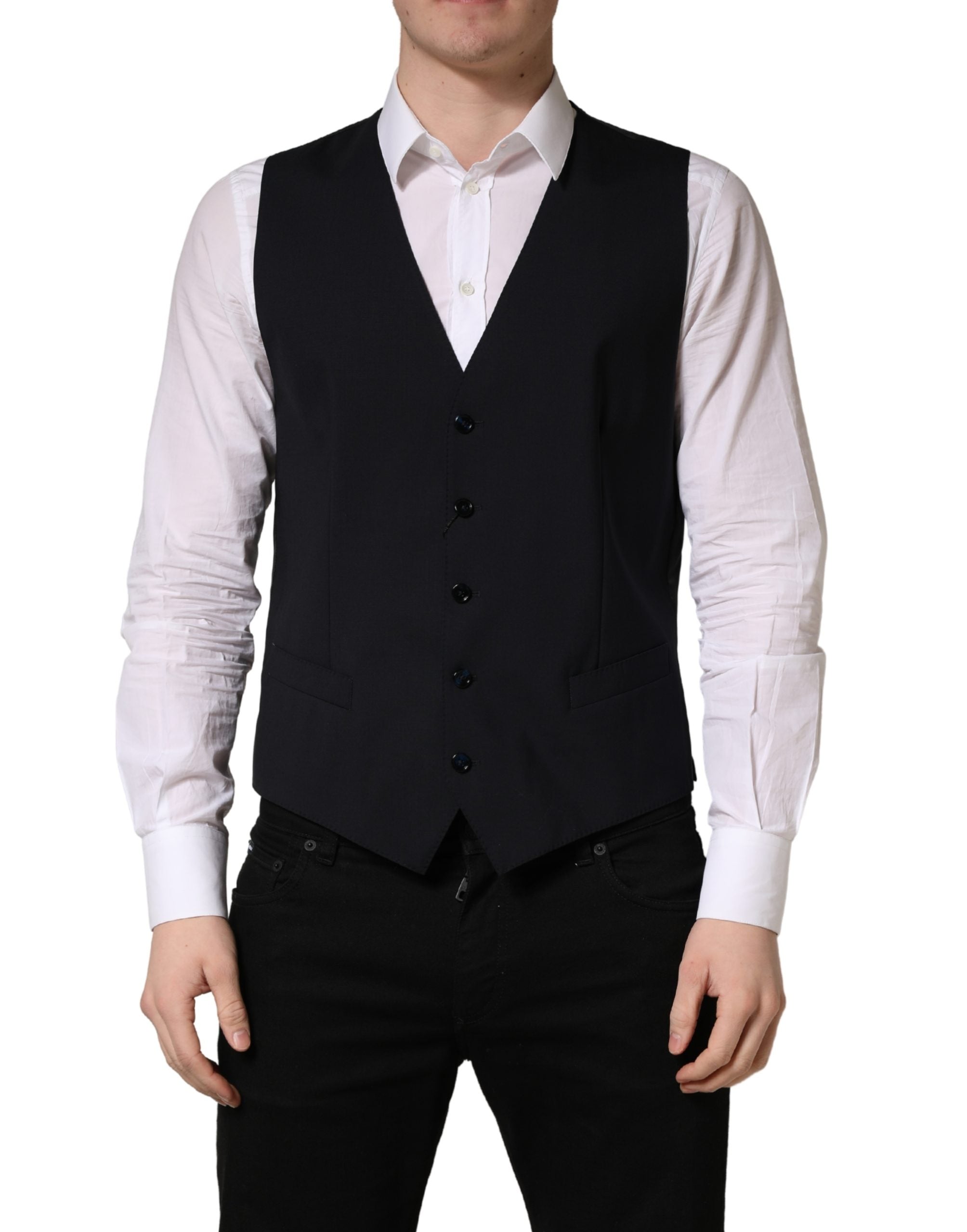 Dolce & Gabbana Black Wool Single Breasted Waistcoat Men's Vest