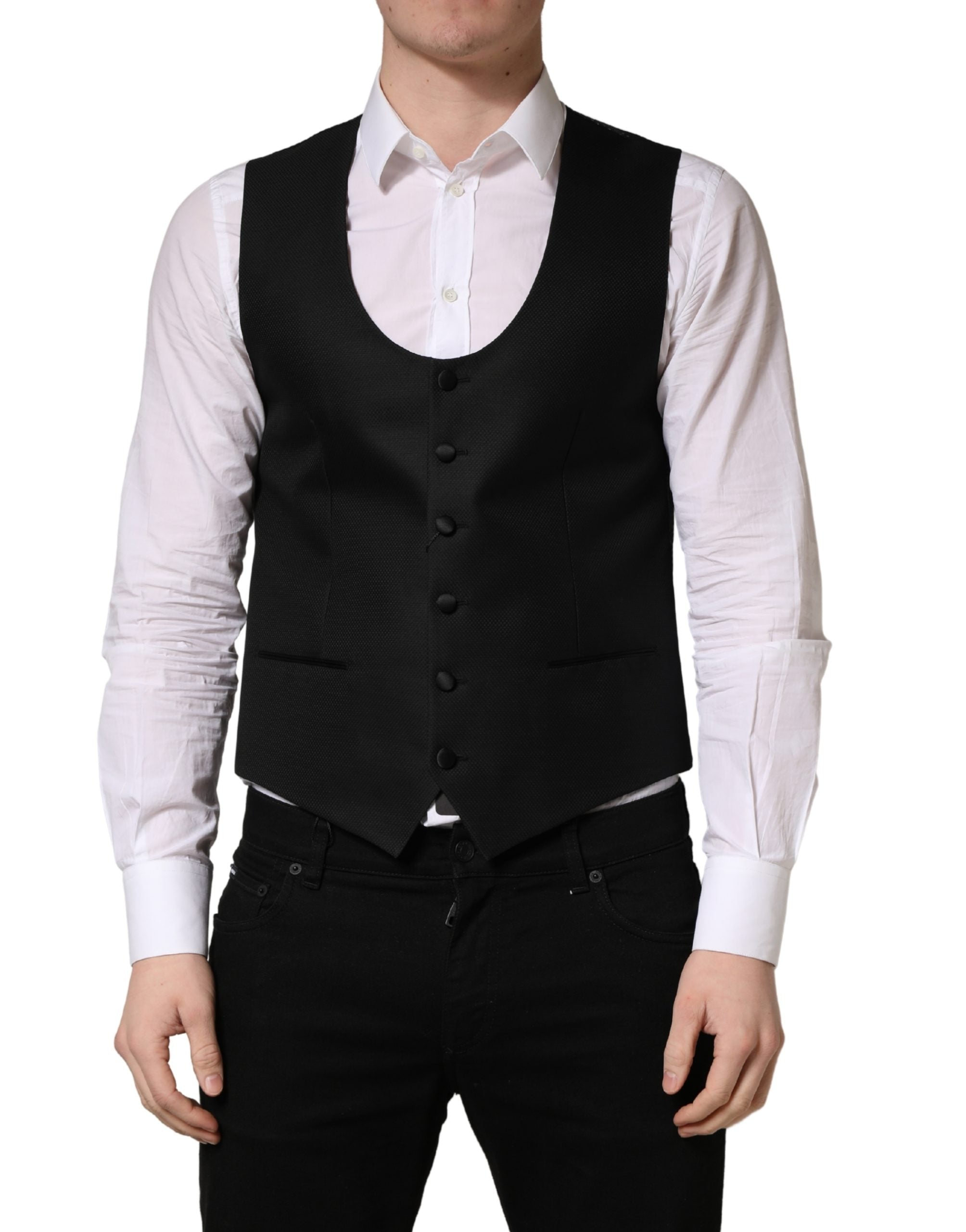 Dolce & Gabbana Black Wool Single Breasted Waistcoat Men's Vest