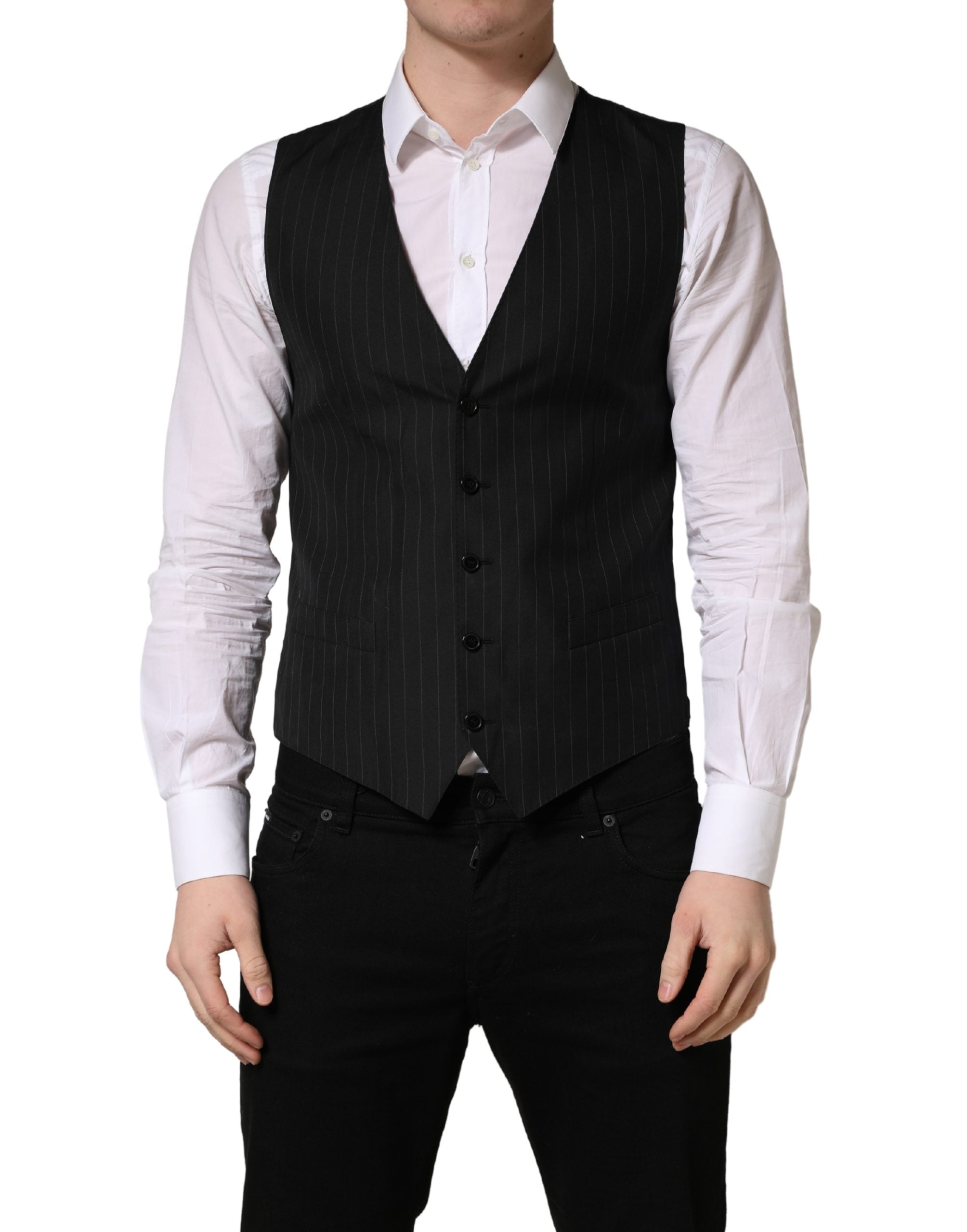 Dolce & Gabbana Black Stripe Single Breasted Waistcoat Men's Vest