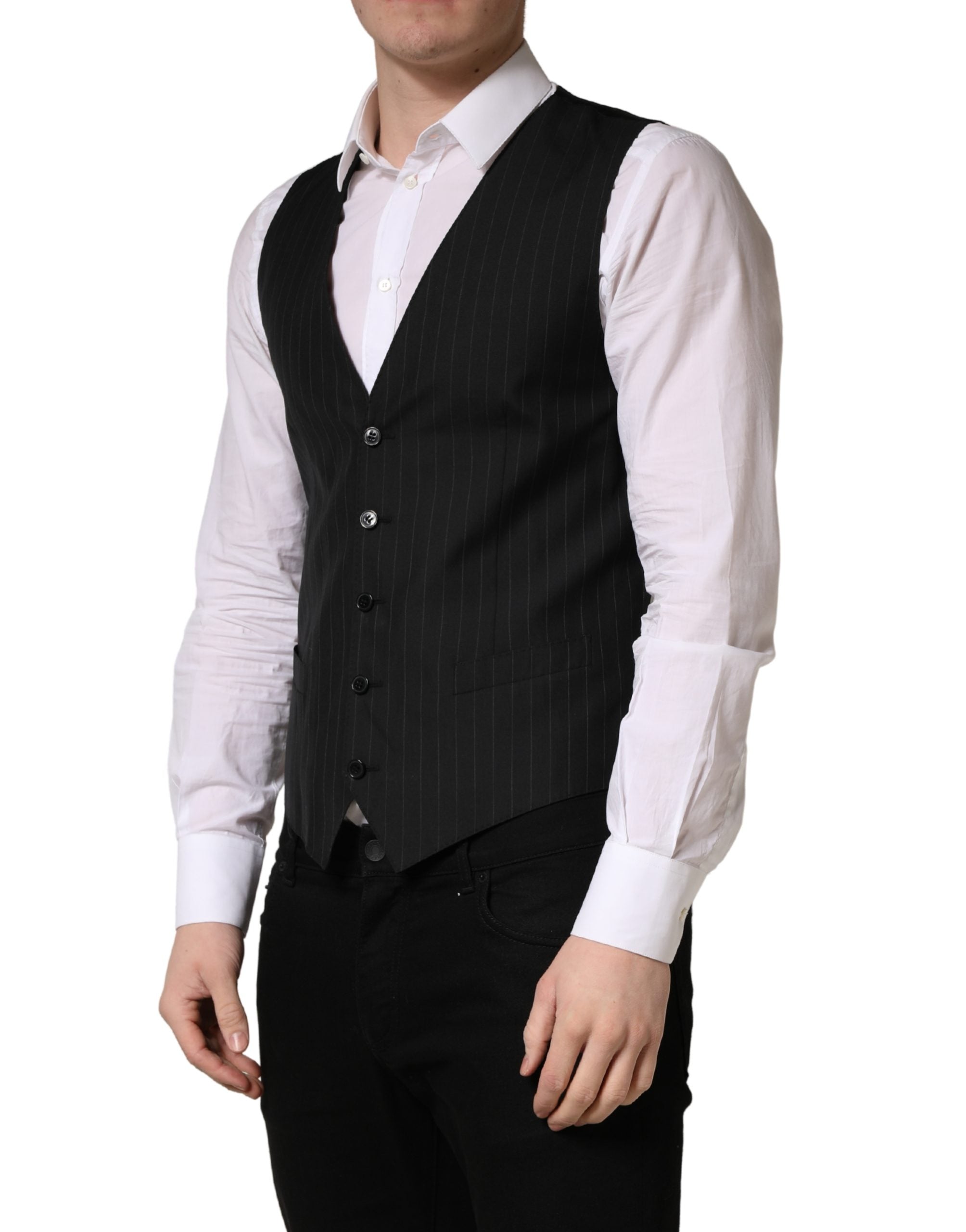 Dolce & Gabbana Black Stripe Single Breasted Waistcoat Men's Vest