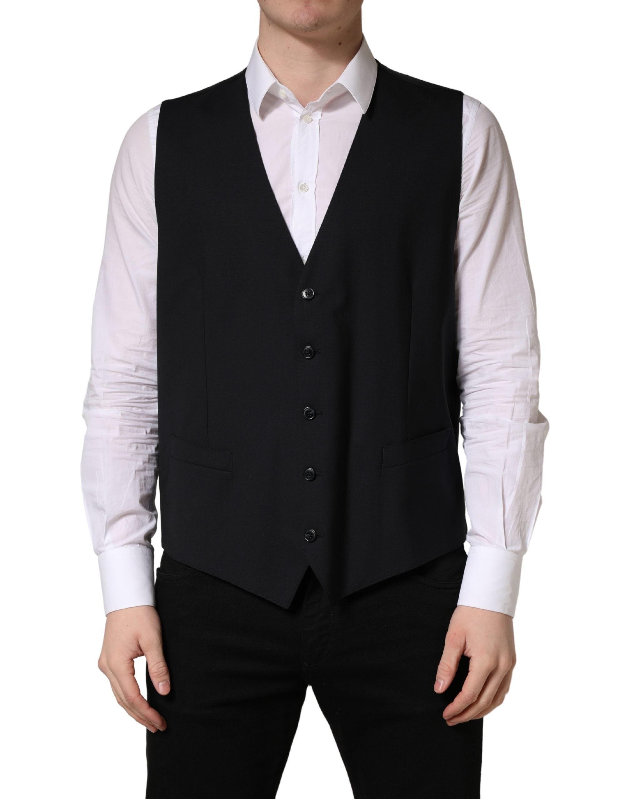 Dolce & Gabbana Black Wool Single Breasted Waistcoat Men's Vest