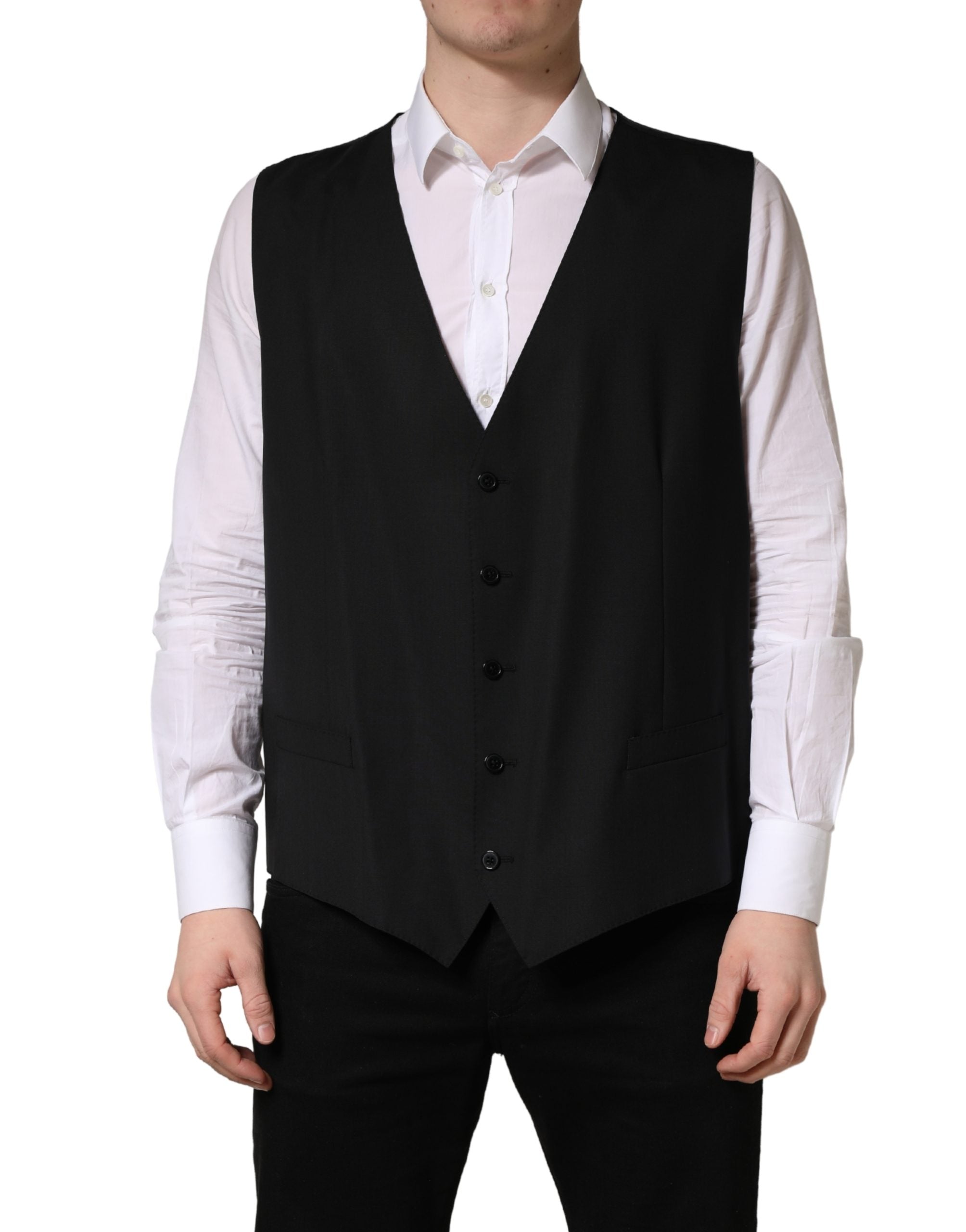 Dolce & Gabbana Black Wool Single Breasted Waistcoat Men's Vest