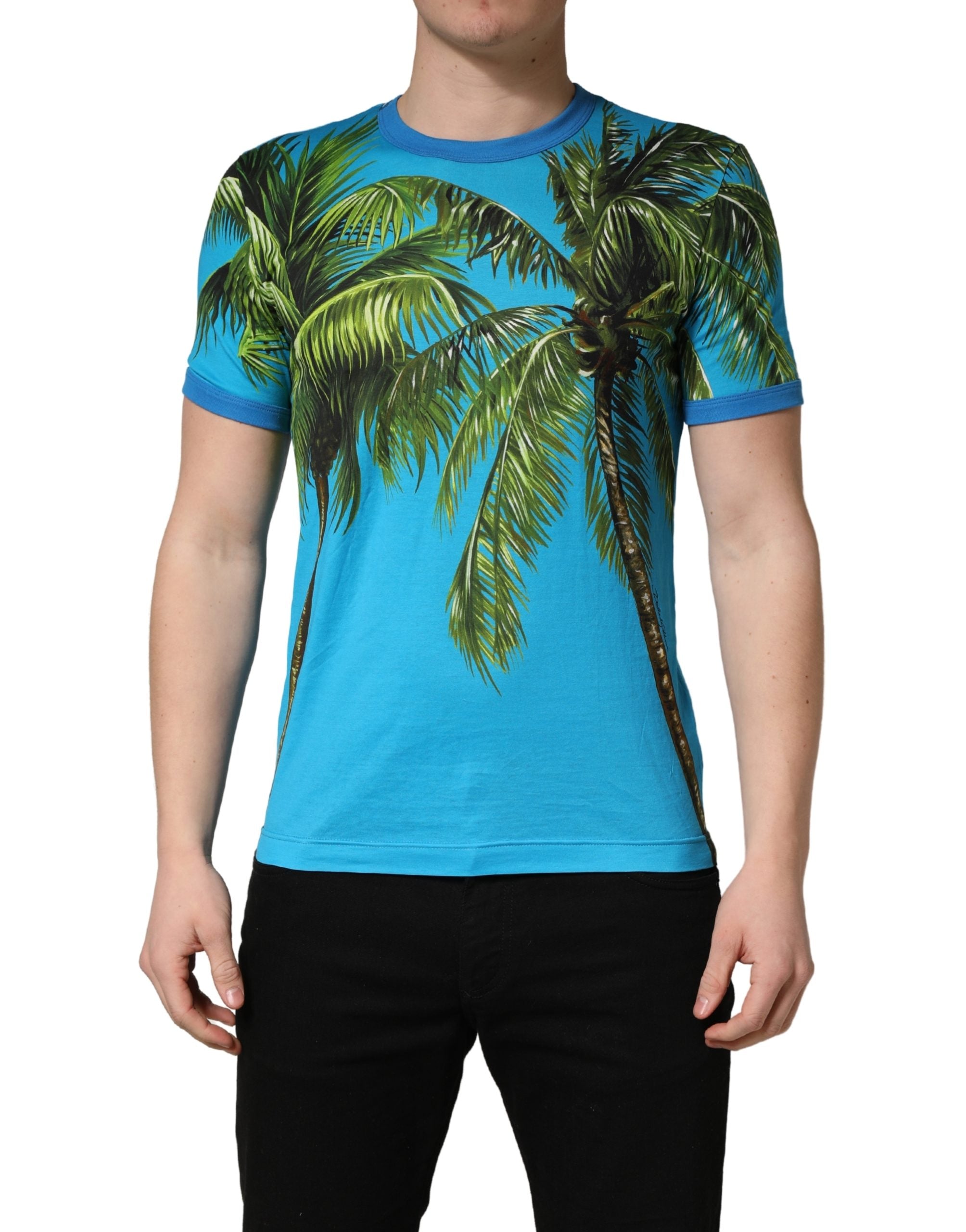Dolce & Gabbana Blue Palm Tree Print Cotton CrewNeck Men's T-shirt
