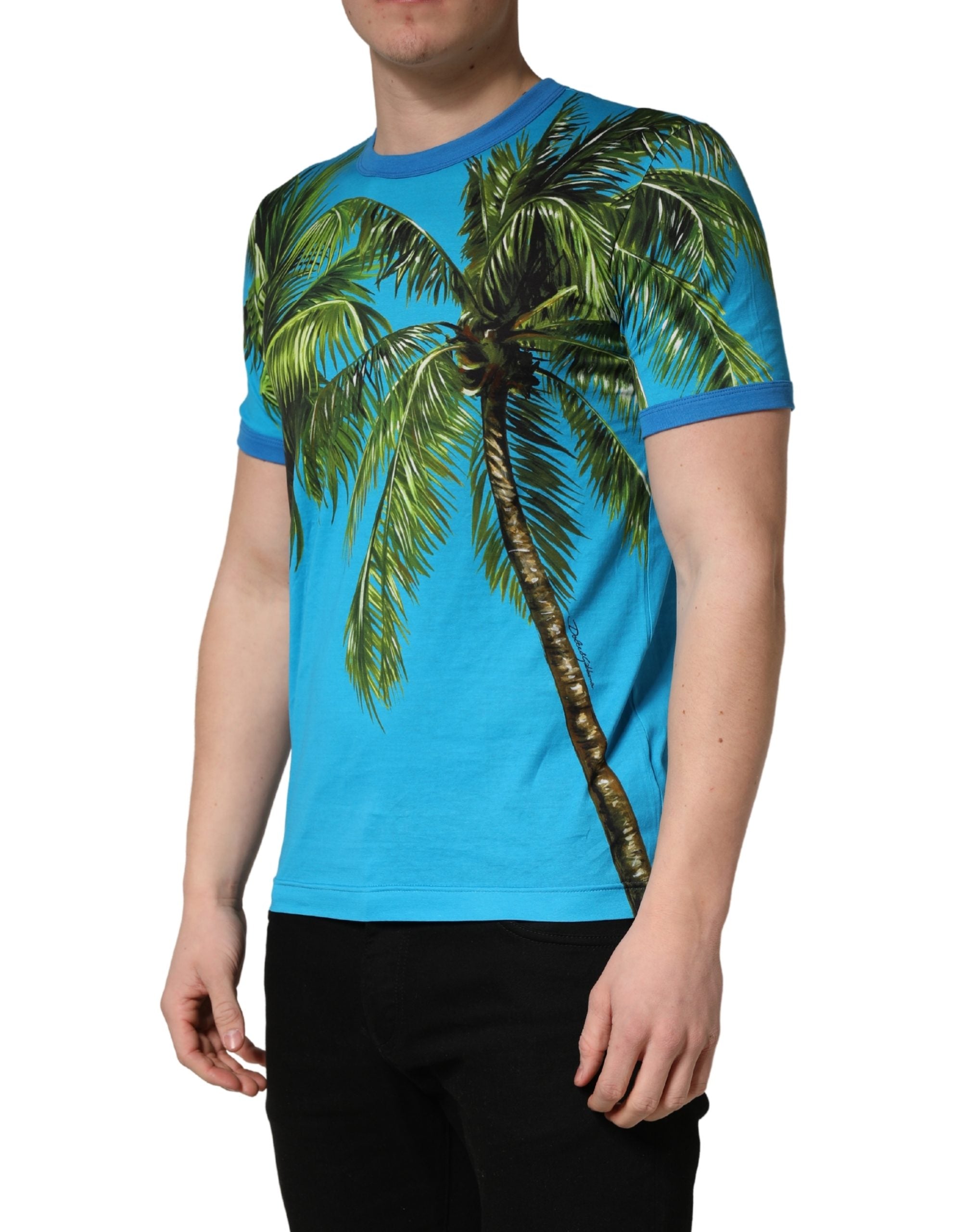 Dolce & Gabbana Blue Palm Tree Print Cotton CrewNeck Men's T-shirt