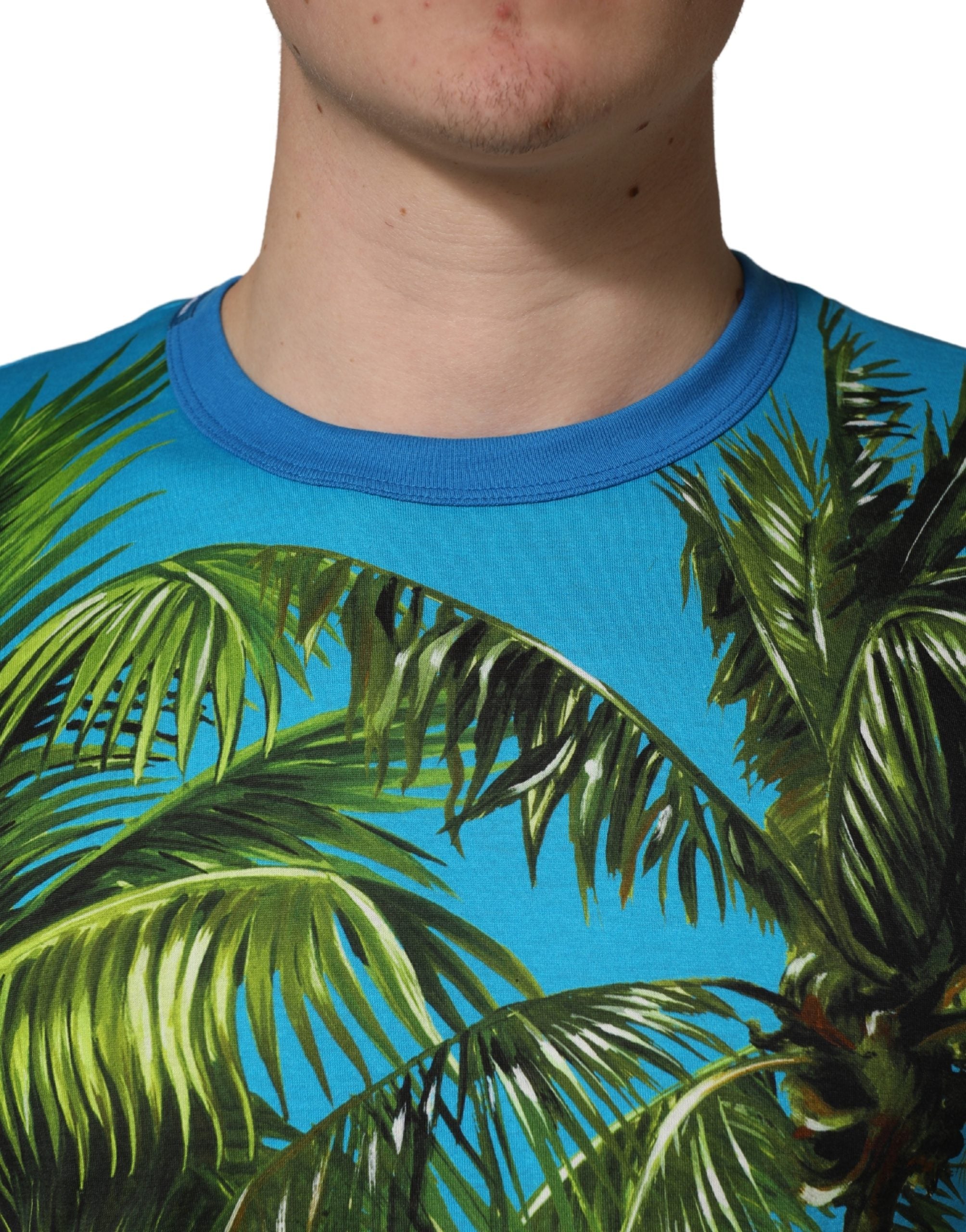 Dolce & Gabbana Blue Palm Tree Print Cotton CrewNeck Men's T-shirt