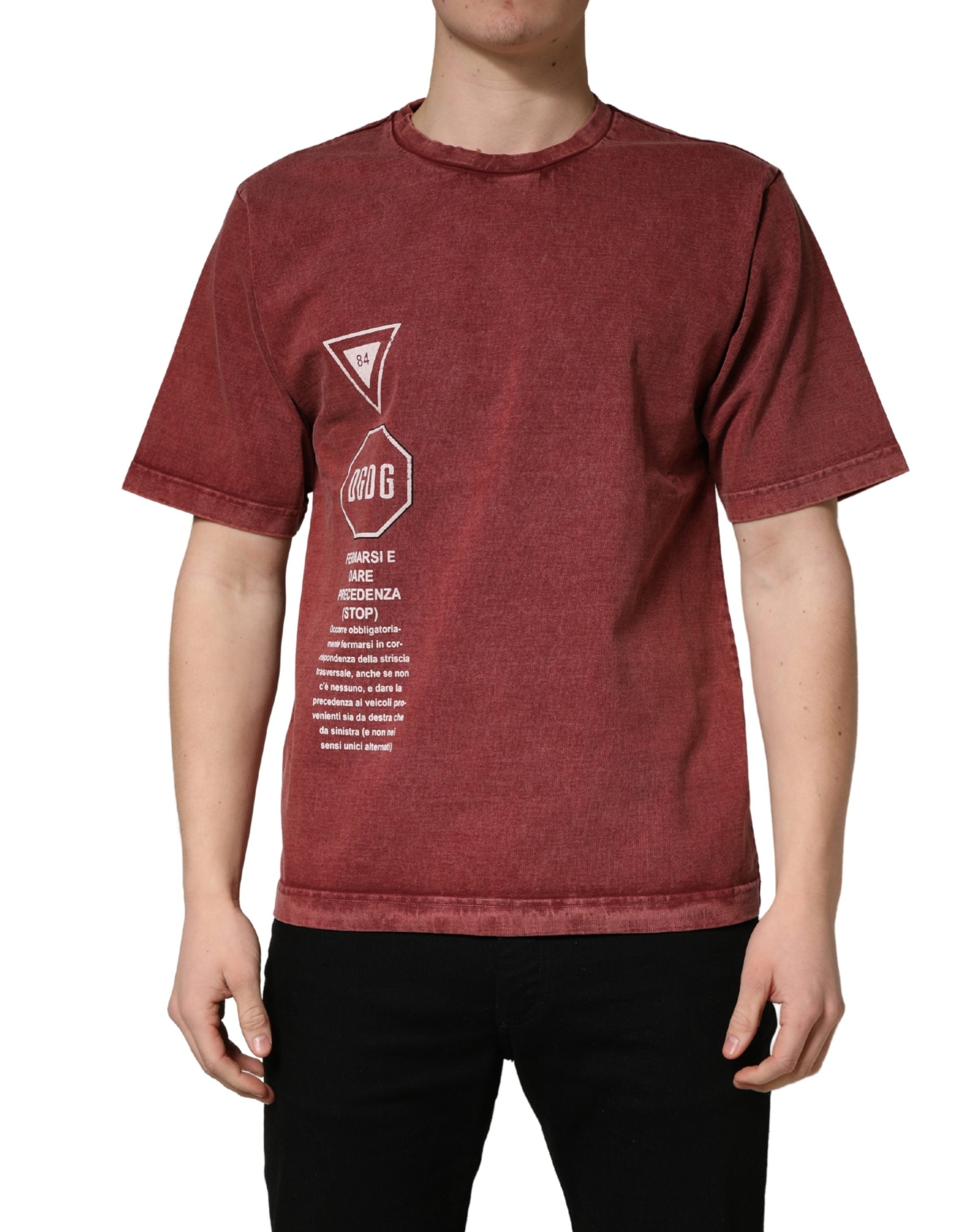 Dolce & Gabbana Maroon Print Round Neck Short Sleeve Men's T-shirt