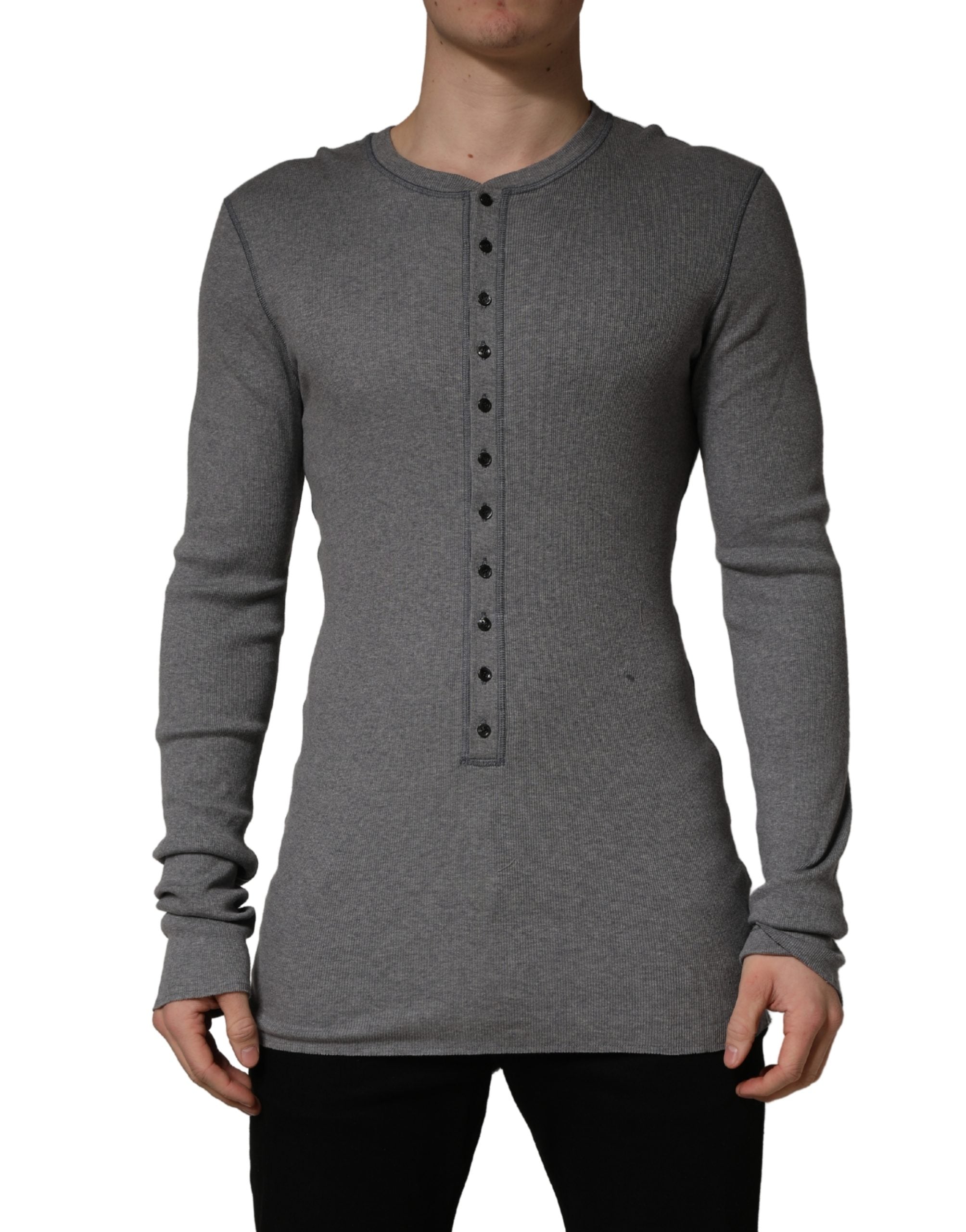 Dolce & Gabbana Gray Ribbed Cotton Long-Sleeve Henley Men's T-shirt (Pre-Owned)
