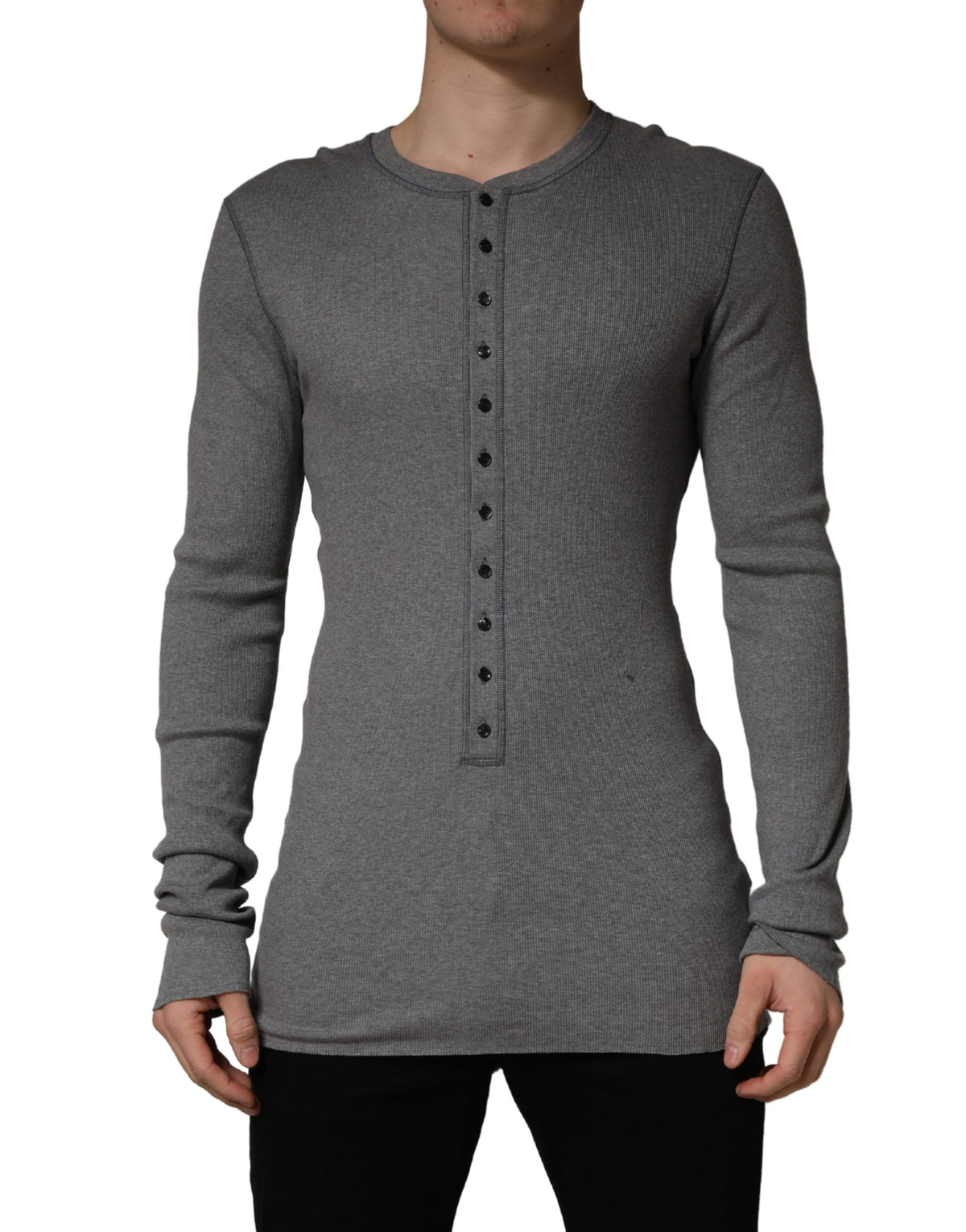 Dolce & Gabbana Gray Ribbed Cotton Long-Sleeve Henley Men's T-shirt (Pre-Owned)