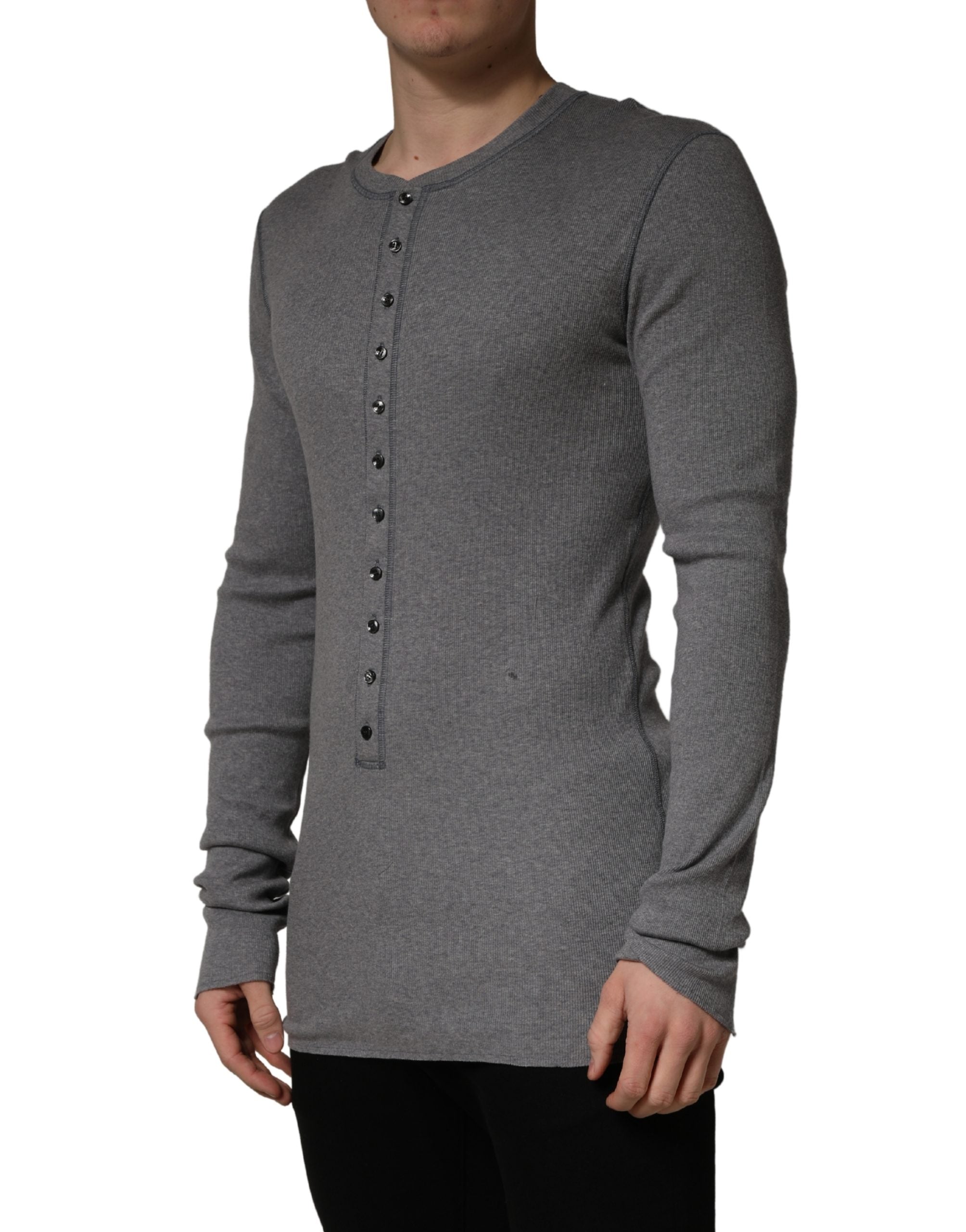 Dolce & Gabbana Gray Ribbed Cotton Long-Sleeve Henley Men's T-shirt (Pre-Owned)