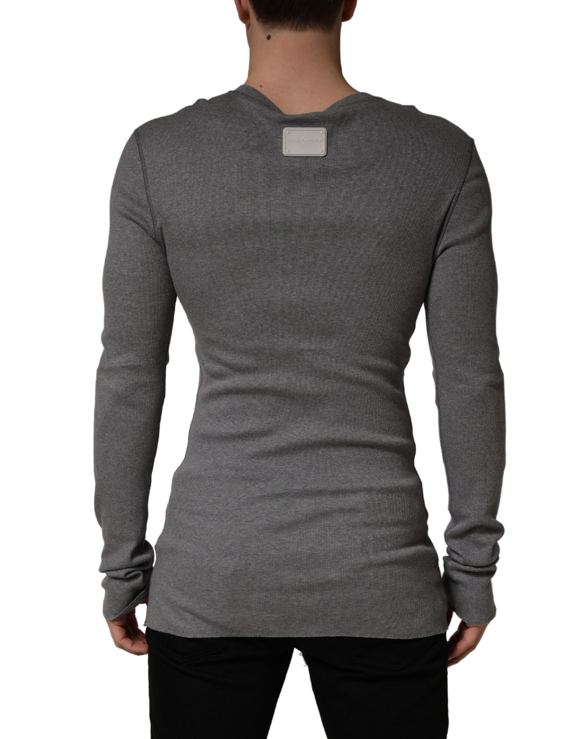 Dolce & Gabbana Gray Ribbed Cotton Long-Sleeve Henley Men's T-shirt (Pre-Owned)
