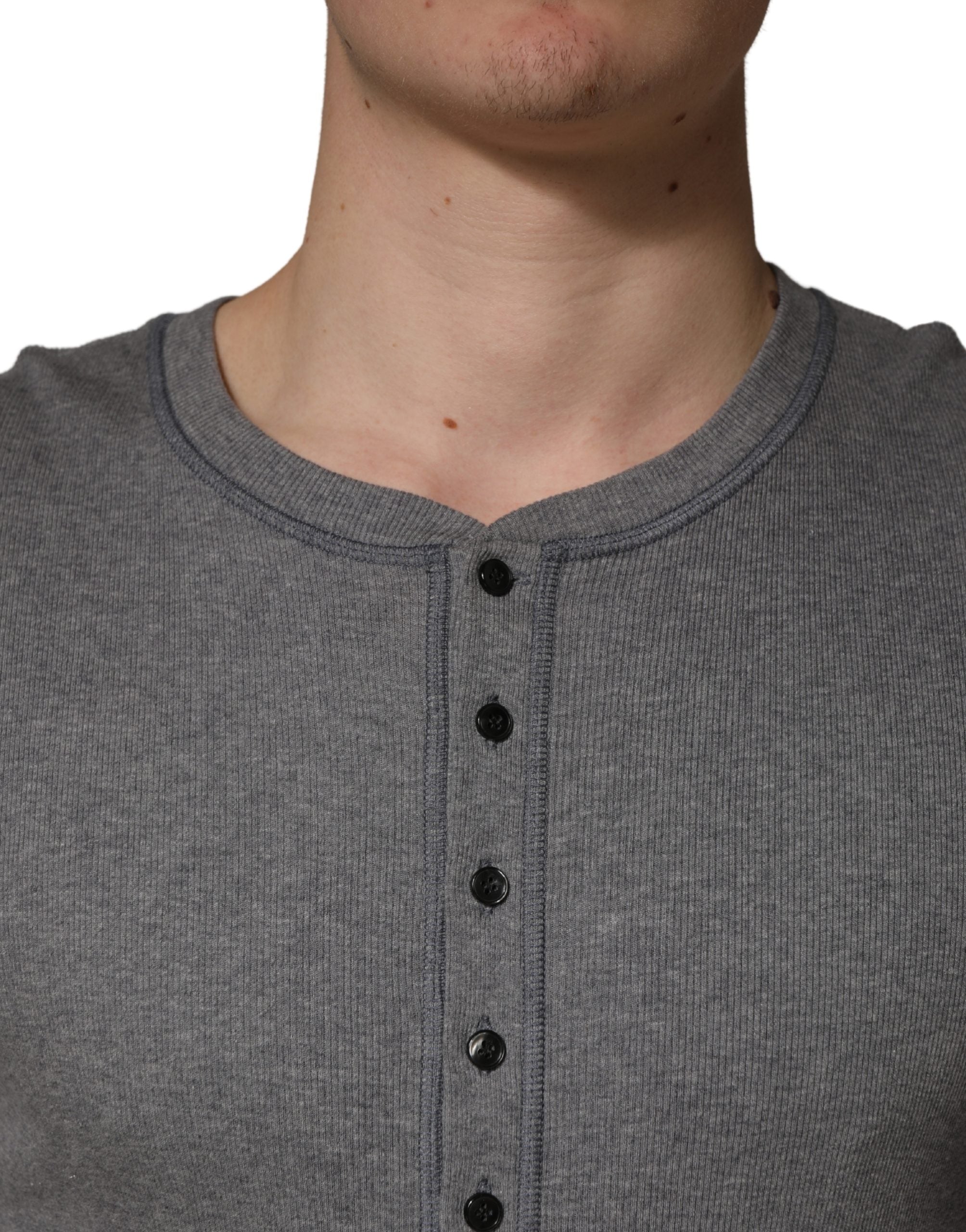 Dolce & Gabbana Gray Ribbed Cotton Long-Sleeve Henley Men's T-shirt (Pre-Owned)