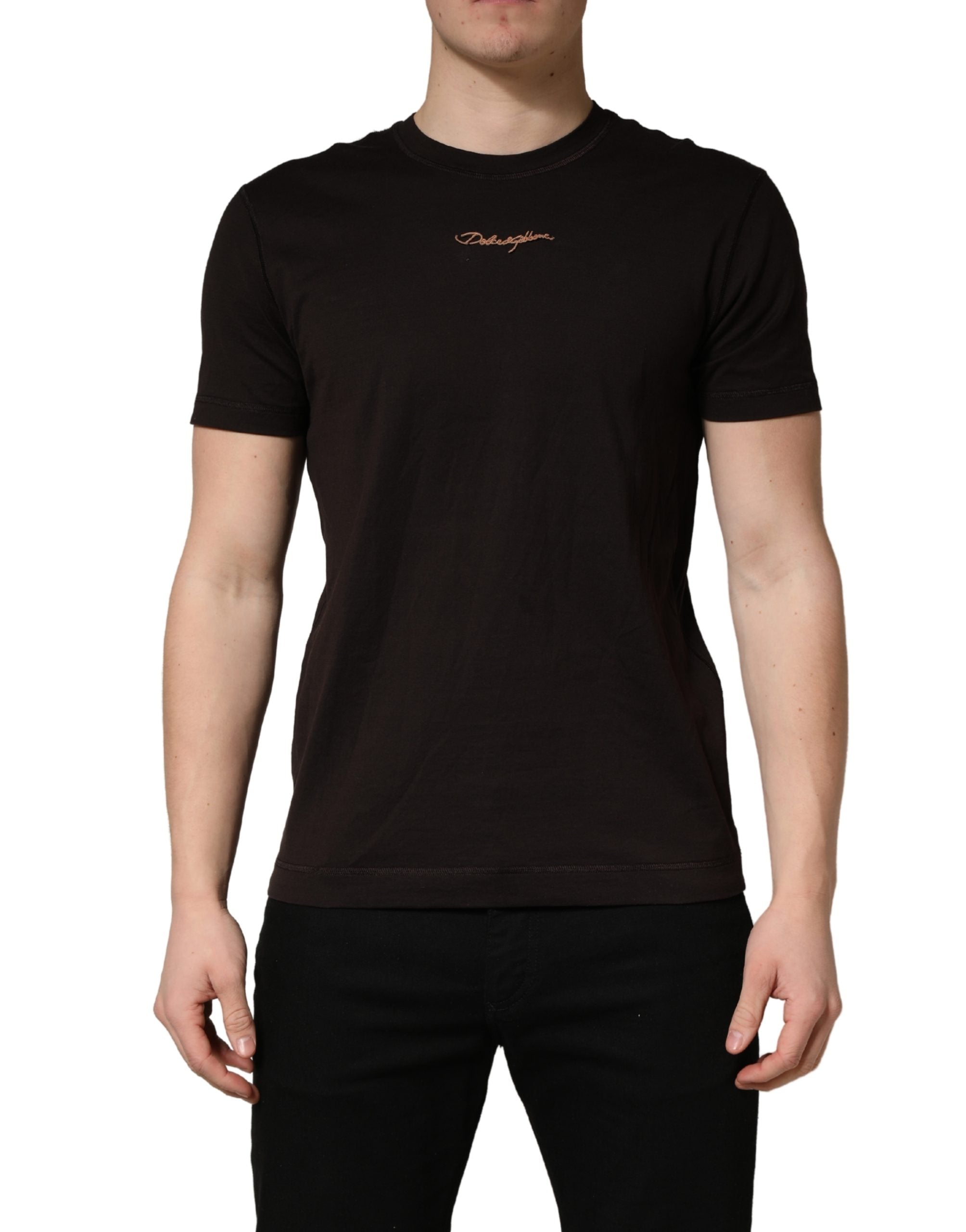 Dolce & Gabbana Brown Logo Embroidered Men Crew Neck Men's T-shirt (Pre-Owned)