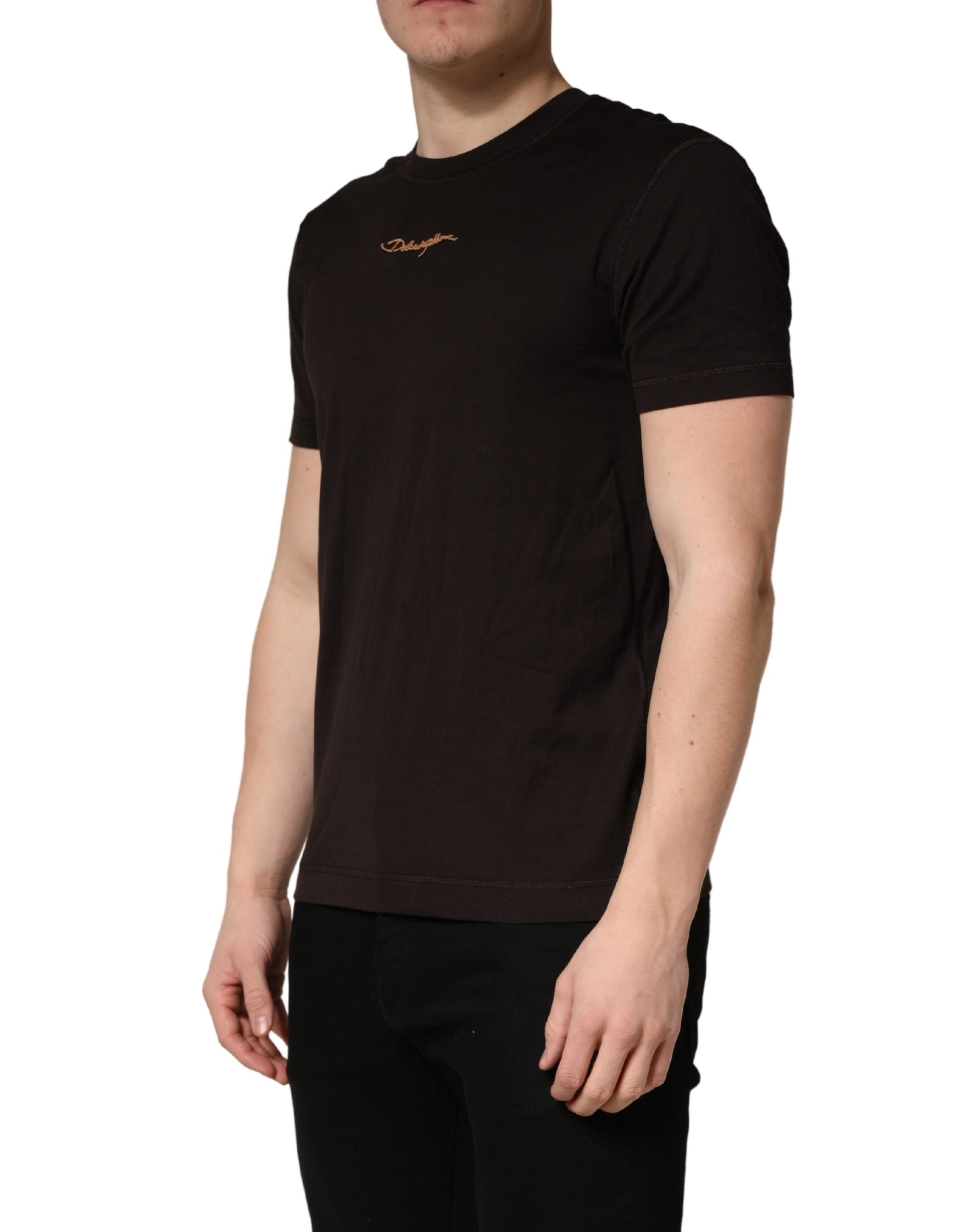 Dolce & Gabbana Brown Logo Embroidered Men Crew Neck Men's T-shirt (Pre-Owned)