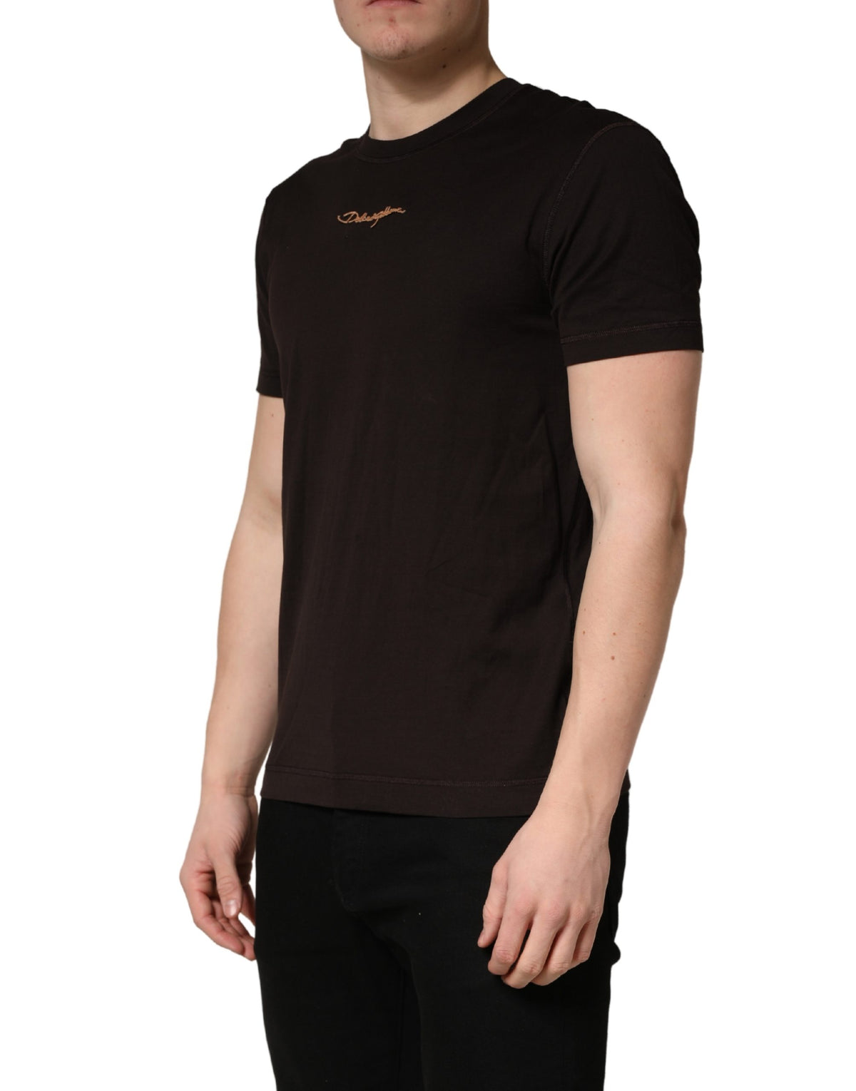 Dolce & Gabbana Brown Logo Embroidered Men Crew Neck Men's T-shirt (Pre-Owned)