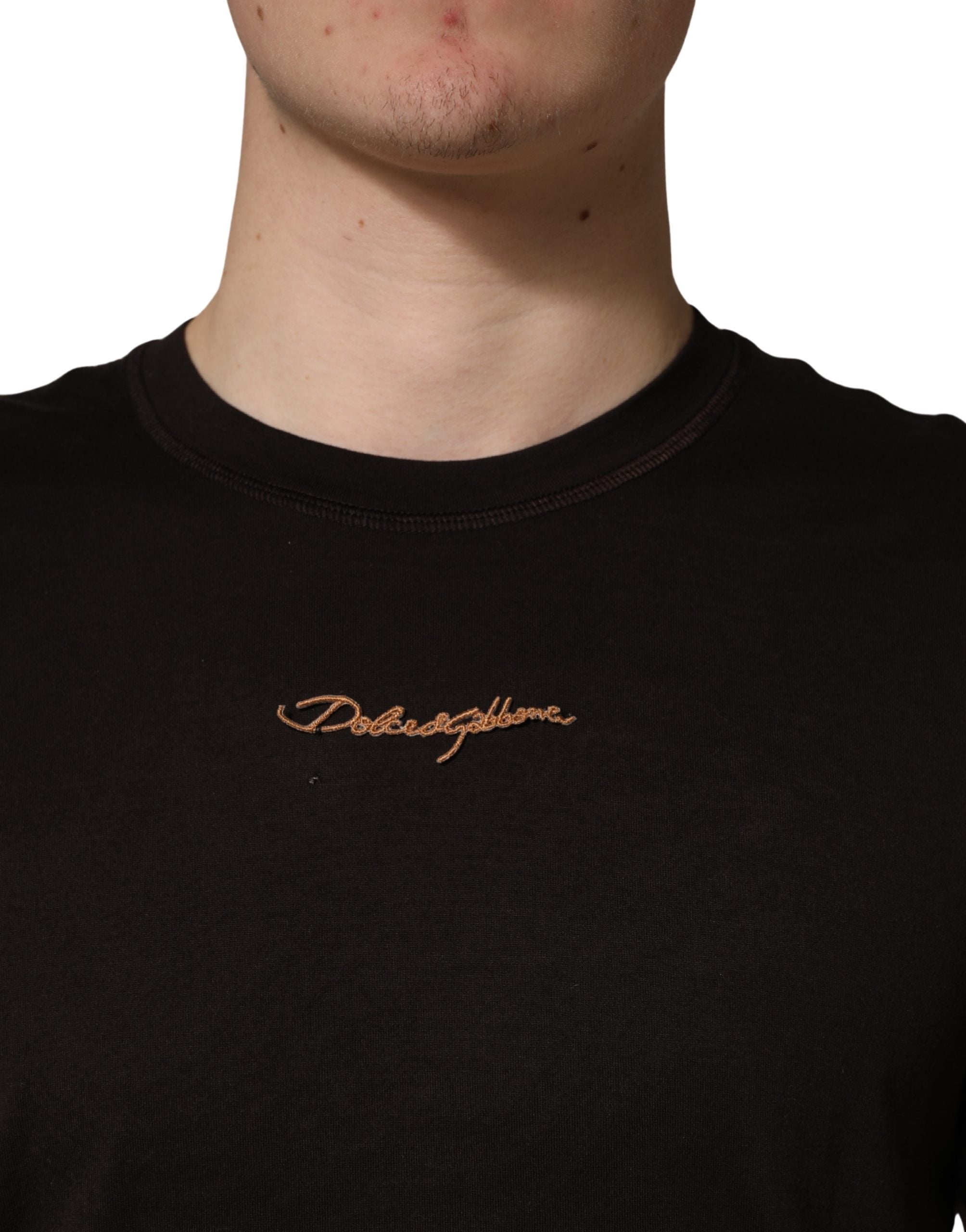 Dolce & Gabbana Brown Logo Embroidered Men Crew Neck Men's T-shirt (Pre-Owned)