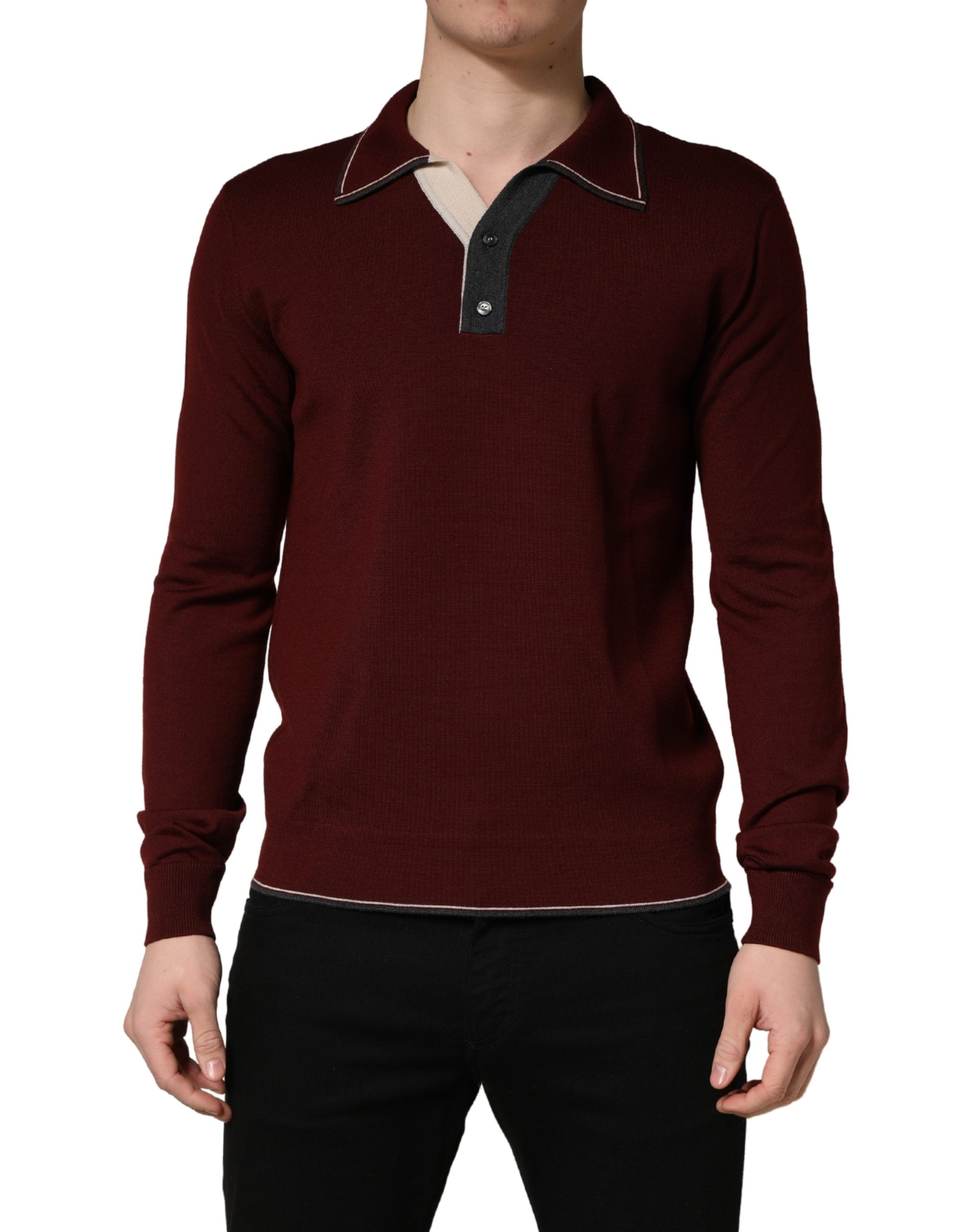 Dolce & Gabbana Maroon Re-Edition Wool Long Sleeves Men's T-shirt