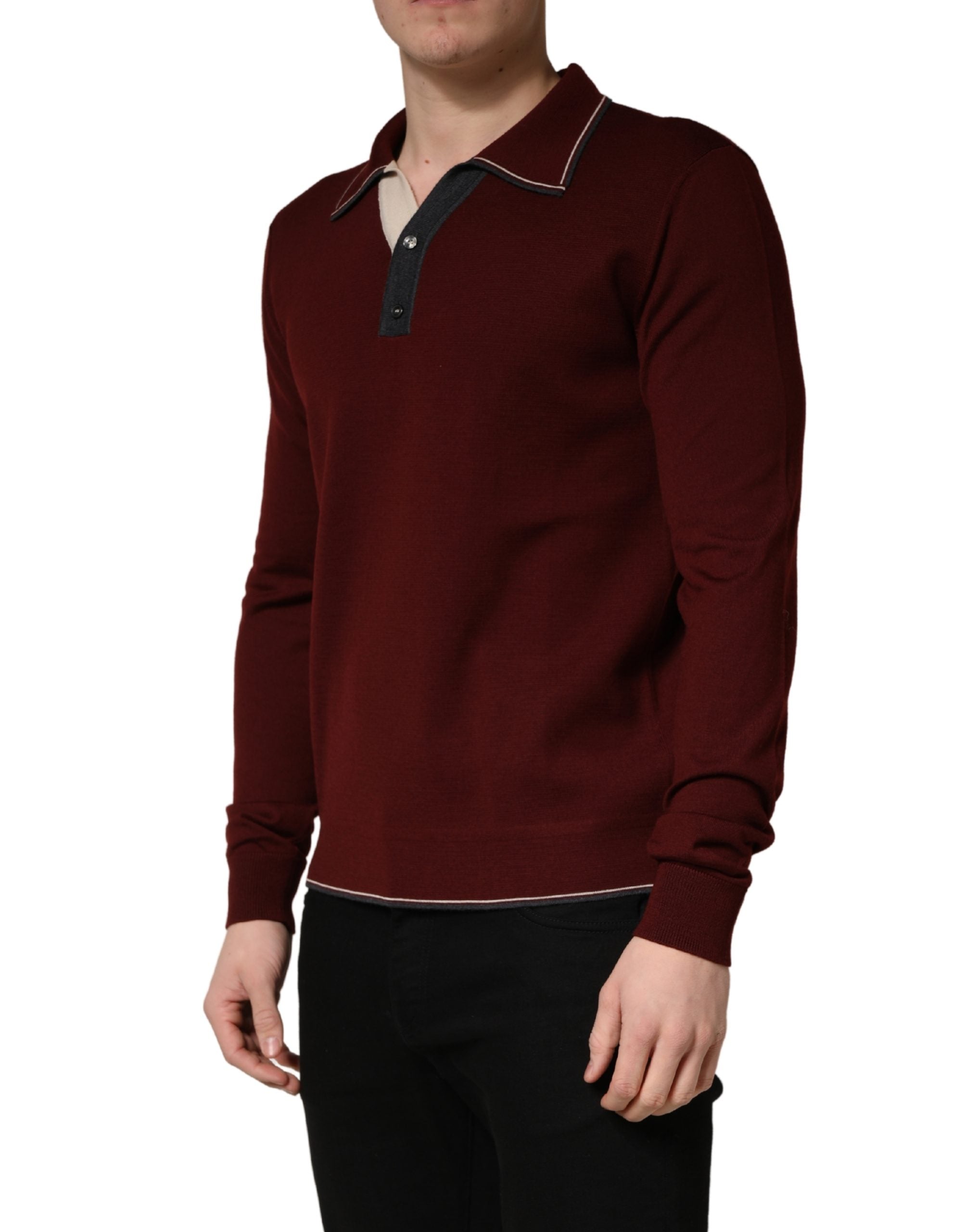 Dolce & Gabbana Maroon Re-Edition Wool Long Sleeves Men's T-shirt