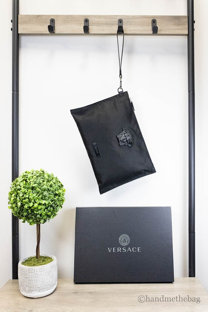 Versace Versace Large Black Nylon Fabric Medusa Convertible Pouch Clutch Wristlet Women's Bag
