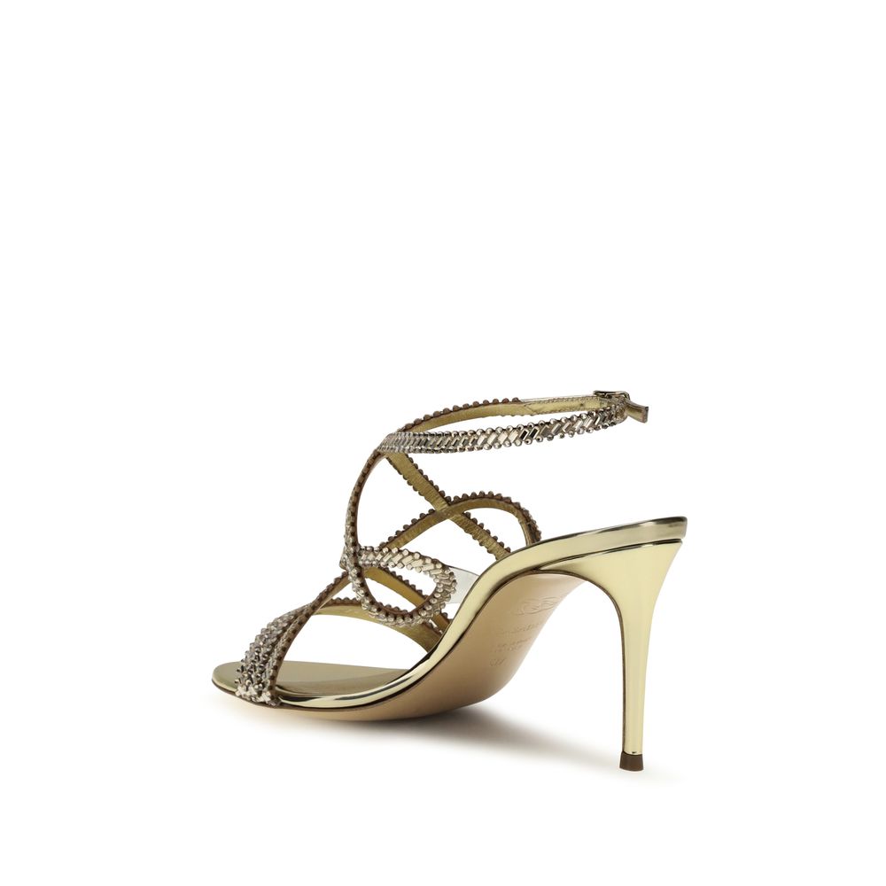 Casadei Gold Calf Leather Bos Taurus Stiletto Heel Women's Sandals