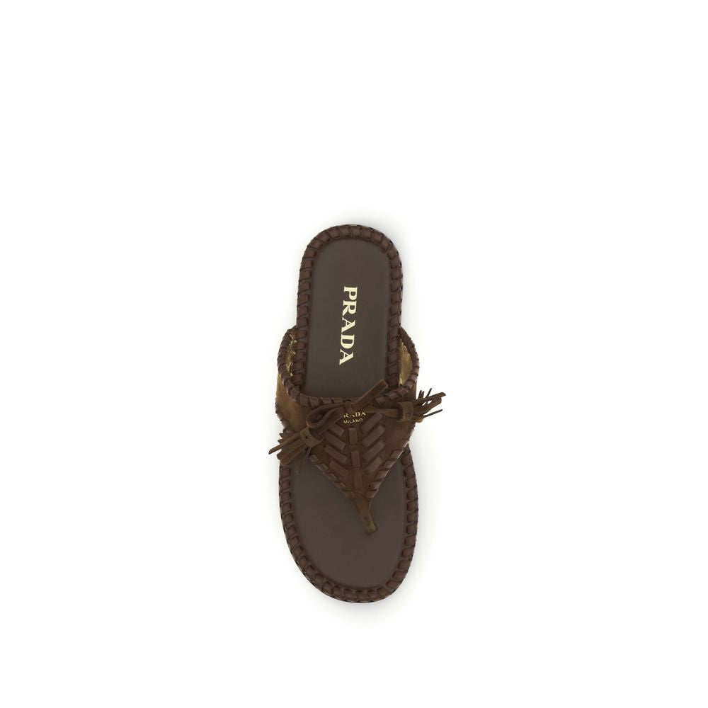 Prada Brown Calf Leather Bos Taurus Flat Women's Sandals
