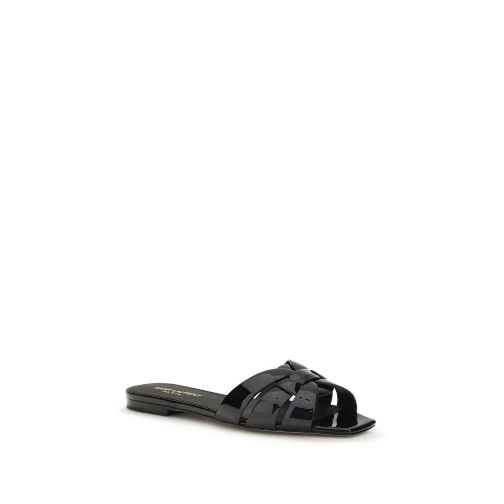 Saint Laurent Black Calf Leather Bos Taurus Flat Women's Sandals