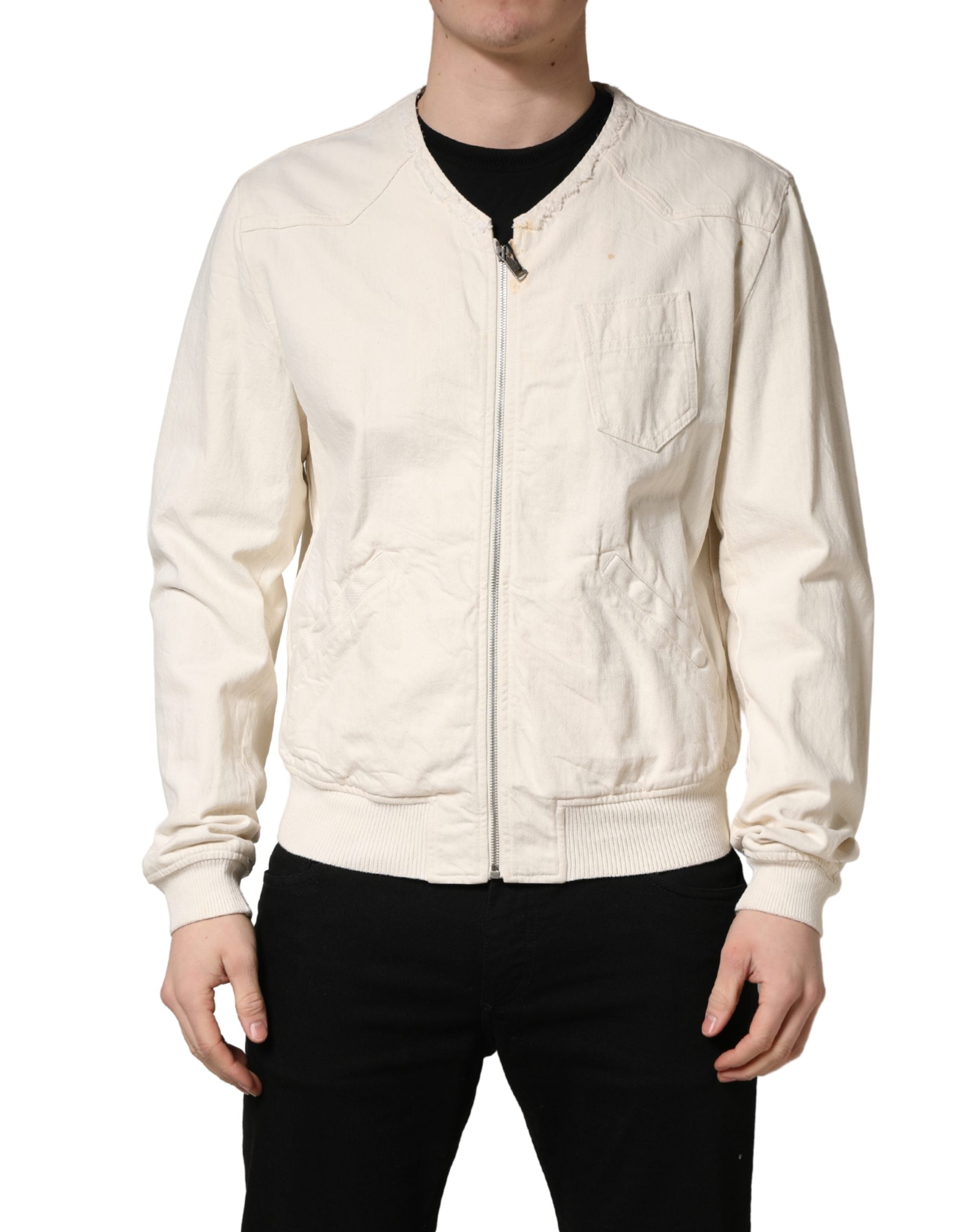 Dolce & Gabbana Off White Cotton FullZip Denim Blouson Men's Jacket (Pre-Owned)