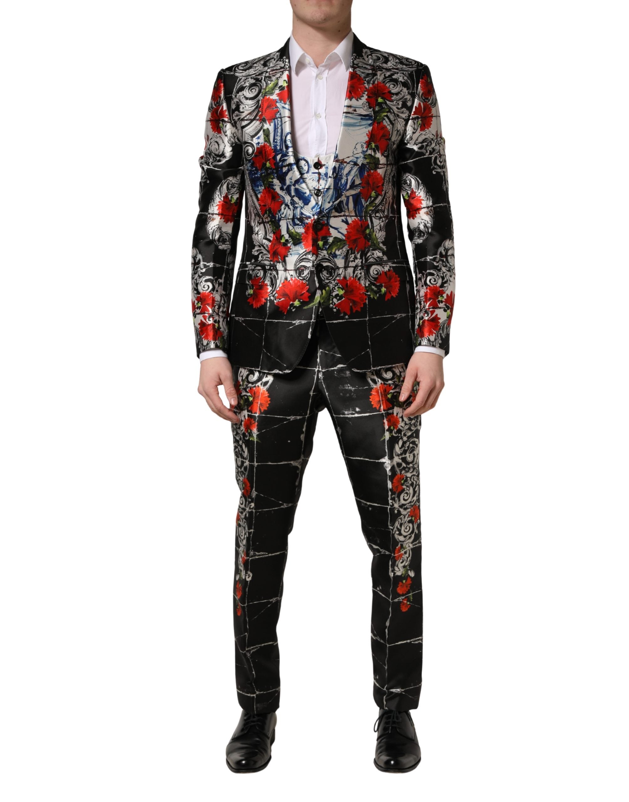 Dolce & Gabbana Black Floral 2 Buttons Formal 3 Piece Men's Suit
