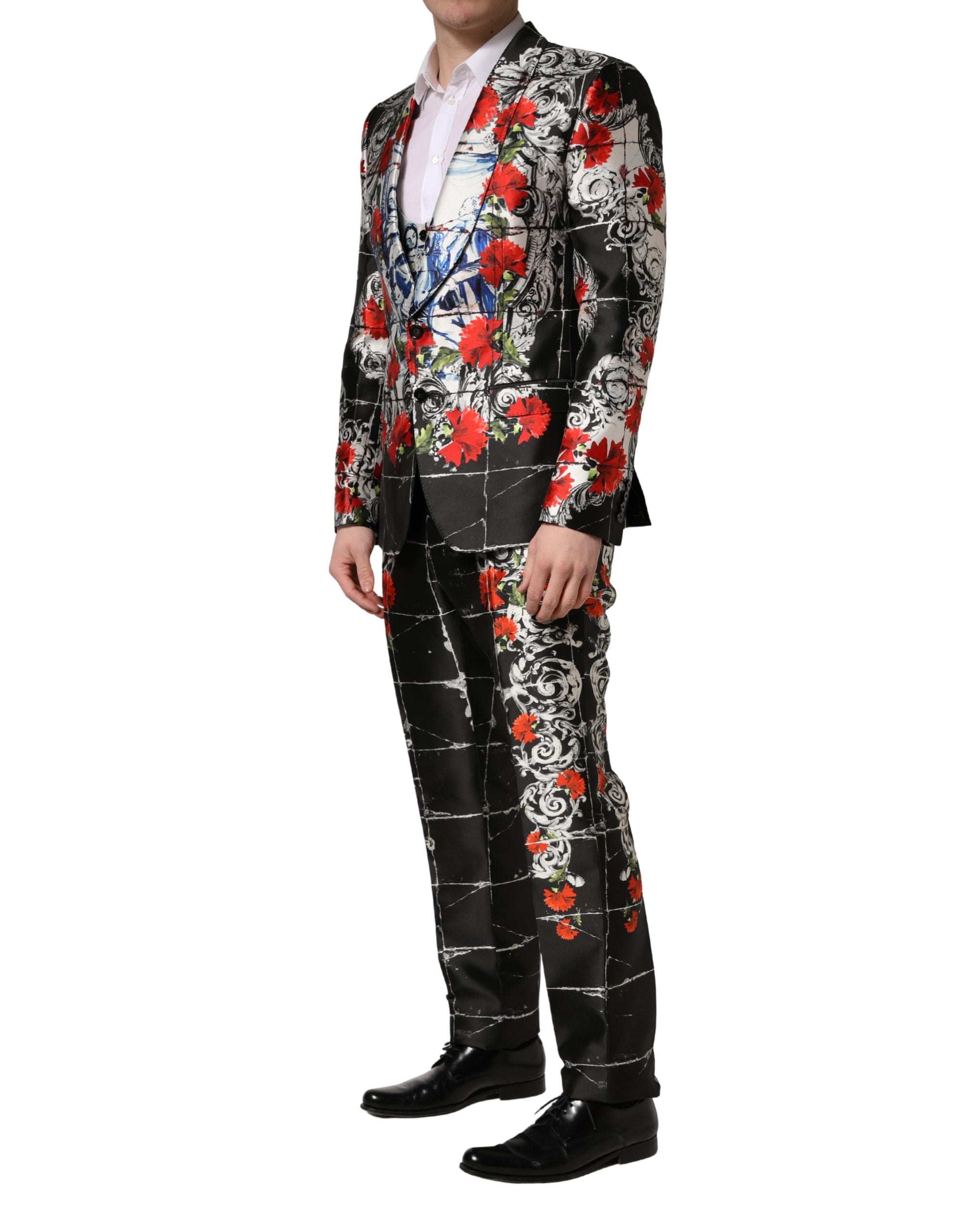 Dolce & Gabbana Black Floral 2 Buttons Formal 3 Piece Men's Suit