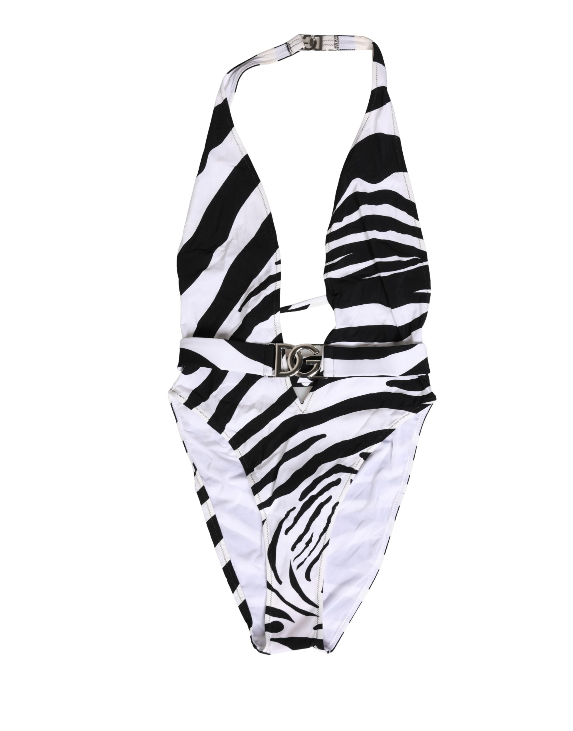 Dolce & Gabbana Black White Zebra Deep V-Neck One Piece Women's Swimwear